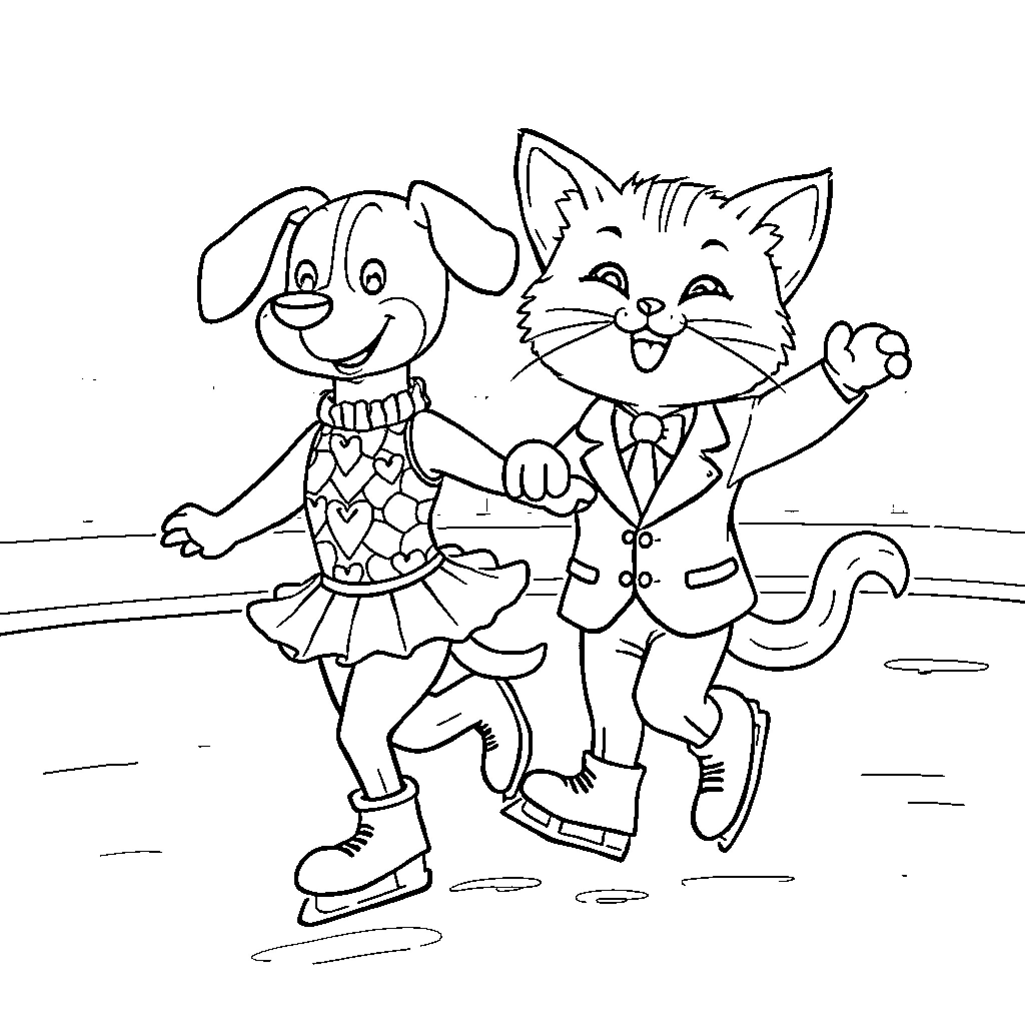 Dog and Cat Ice Skating Together Coloring Page (free black-and-white line drawing printable PDF for all, from beginners to advanced learners, including children, teens, adults, and seniors)