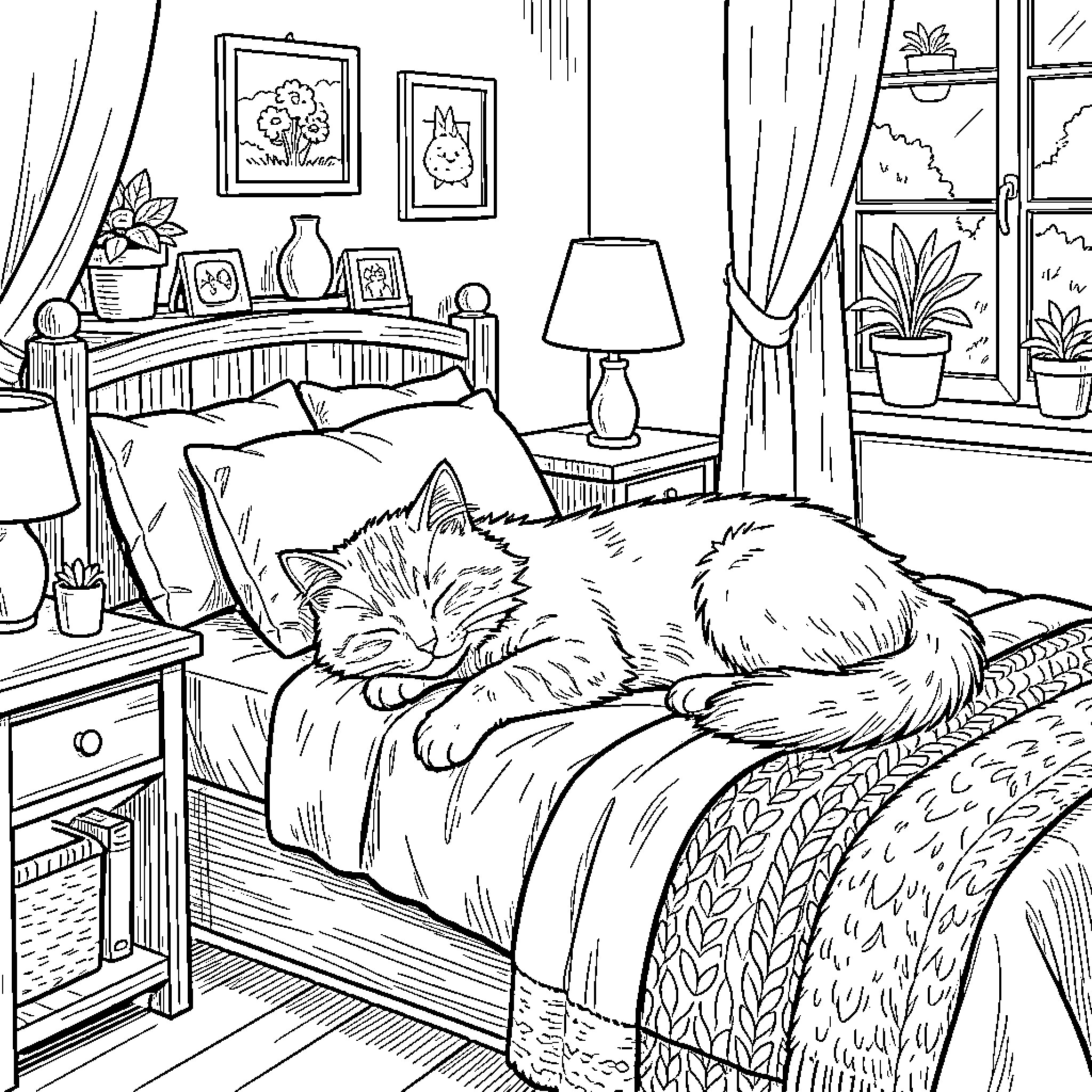 Cat resting peacefully in cozy bedroom Coloring Page (free black-and-white line drawing printable PDF for all, from beginners to advanced learners, including children, teens, adults, and seniors)