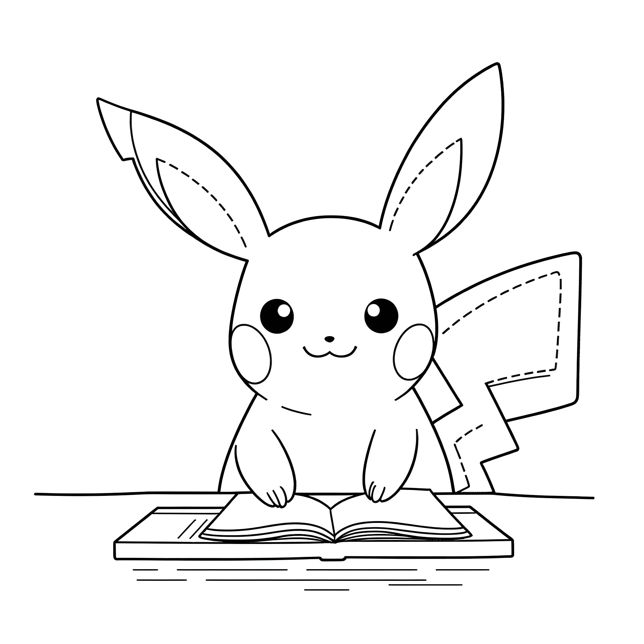 Pikachu reading a book happily Coloring Page (free black-and-white line drawing printable PDF for all, from beginners to advanced learners, including children, teens, adults, and seniors)
