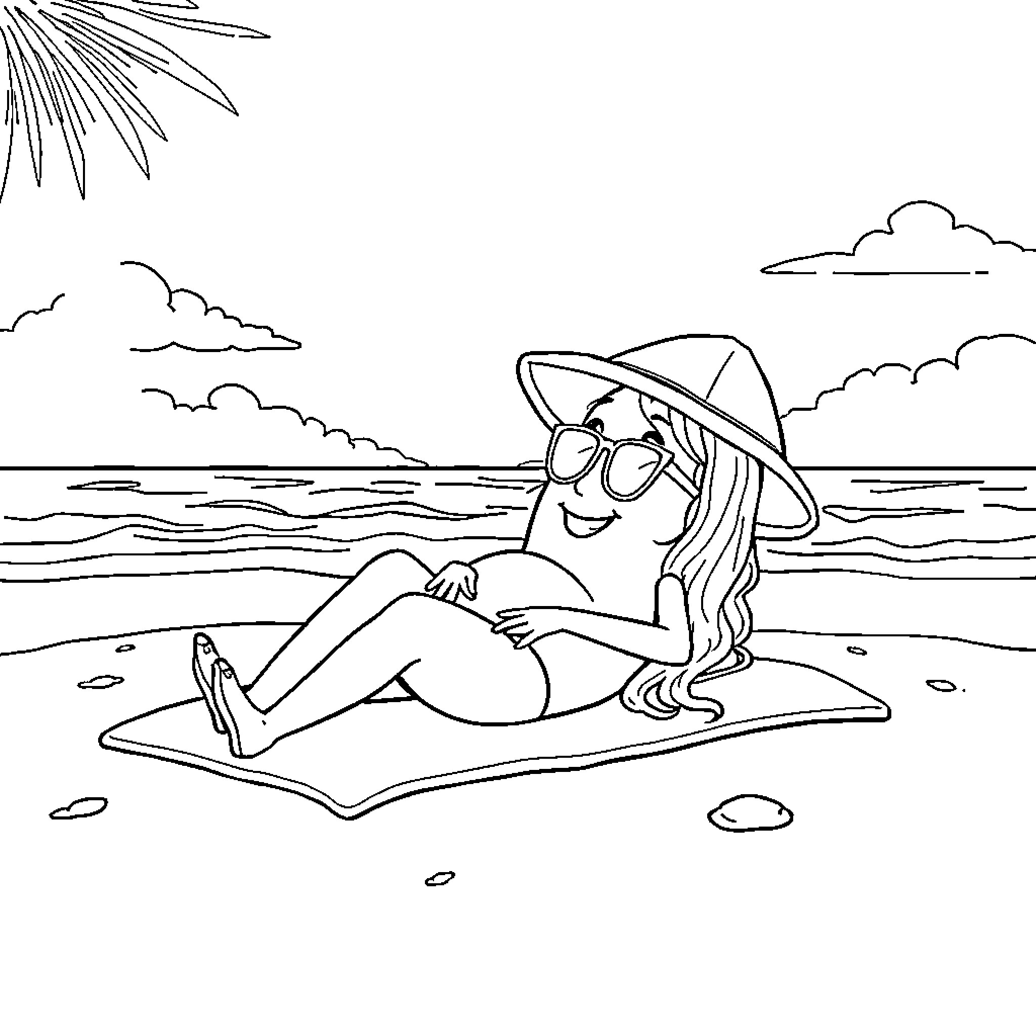 PotatoQueen relaxing on the beach Coloring Page (free black-and-white line drawing printable PDF for all, from beginners to advanced learners, including children, teens, adults, and seniors)