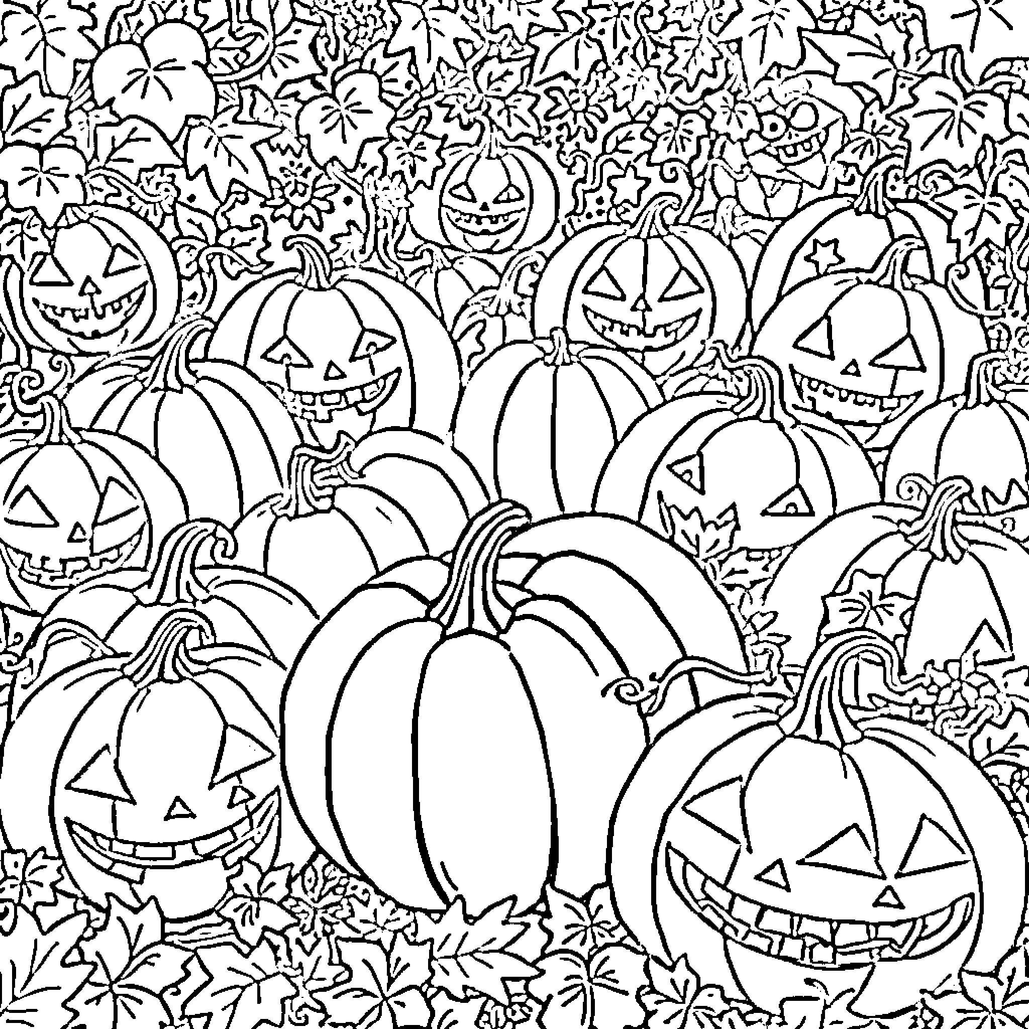 Pumpkins and Halloween decorations in the garden Coloring Page (free black-and-white line drawing printable PDF for all, from beginners to advanced learners, including children, teens, adults, and seniors)
