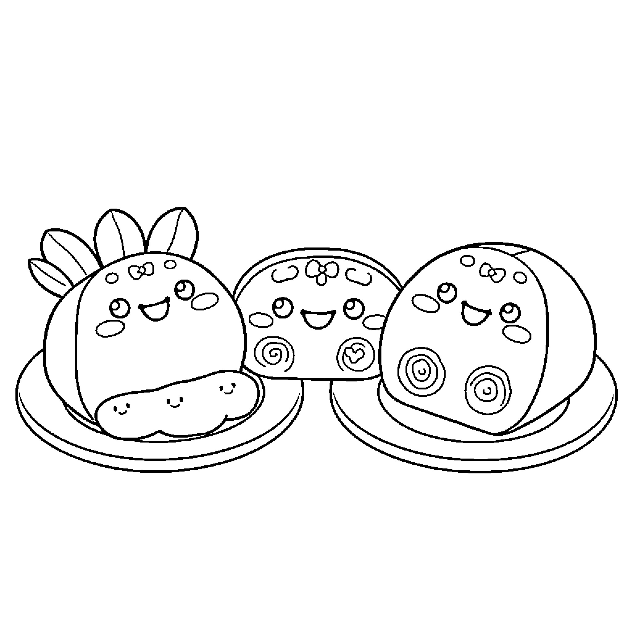 Kawaii Food friends in whimsical poses Coloring Page (free black-and-white line drawing printable PDF for all, from beginners to advanced learners, including children, teens, adults, and seniors)