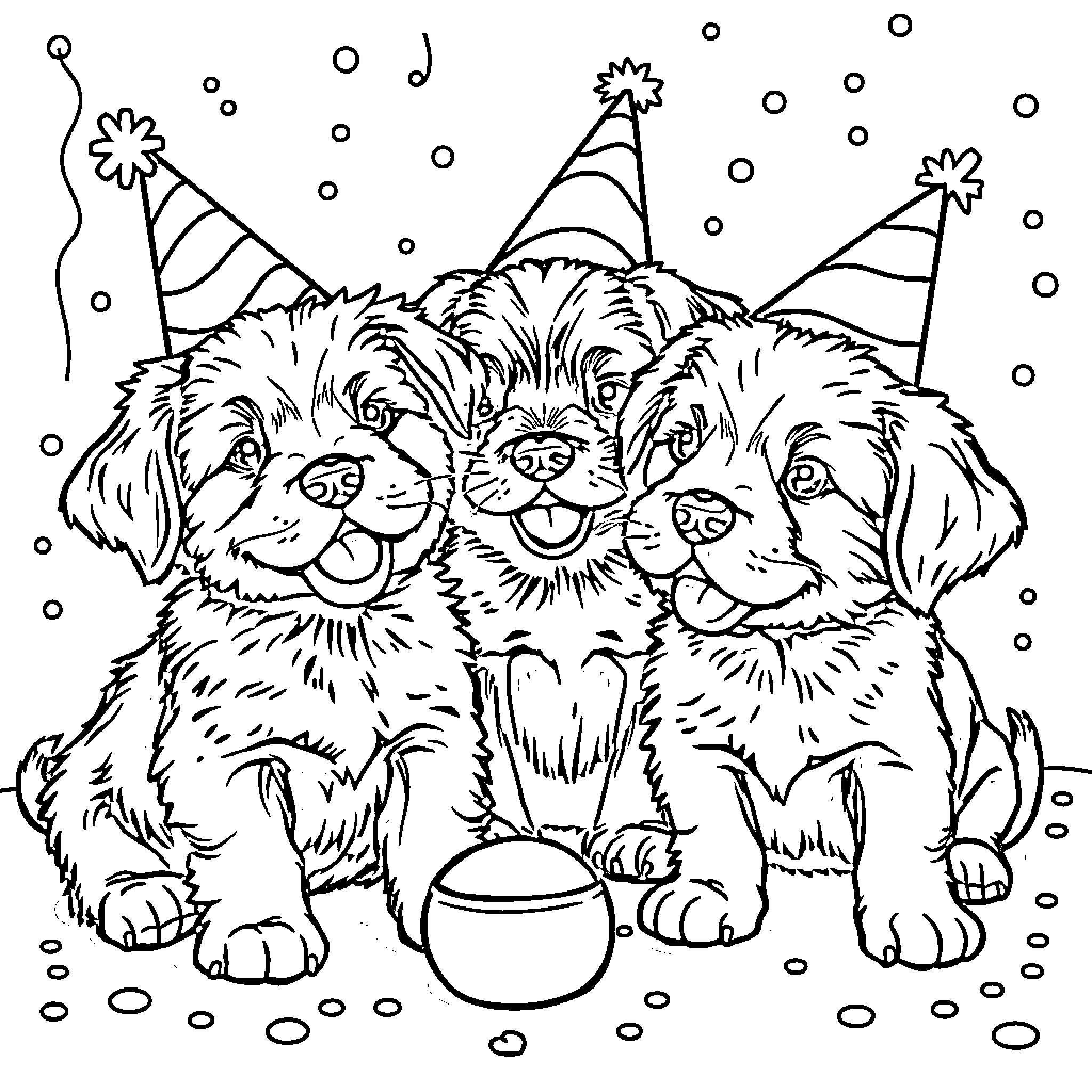 Puppy Party with Hats and Treats Coloring Page (free black-and-white line drawing printable PDF for all, from beginners to advanced learners, including children, teens, adults, and seniors)