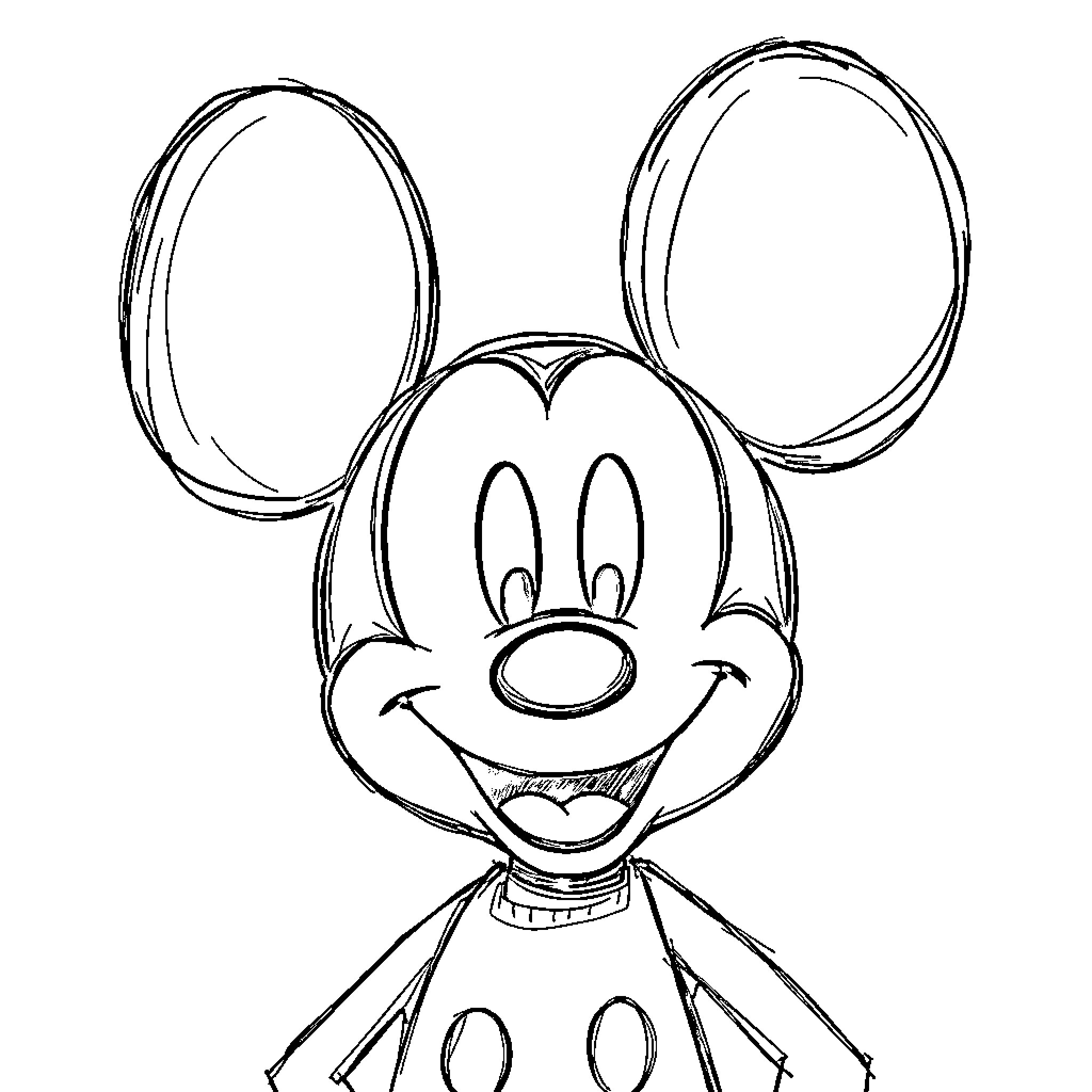 Mickey Mouse smiling happily Coloring Page (free black-and-white line drawing printable PDF for all, from beginners to advanced learners, including children, teens, adults, and seniors)