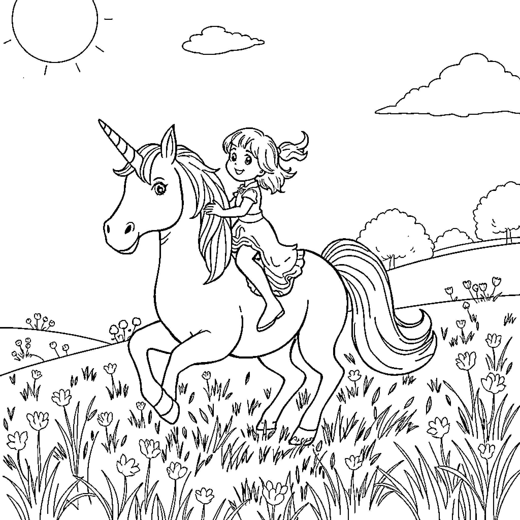 Girl riding a unicorn in a meadow Coloring Page (free black-and-white line drawing printable PDF for all, from beginners to advanced learners, including children, teens, adults, and seniors)