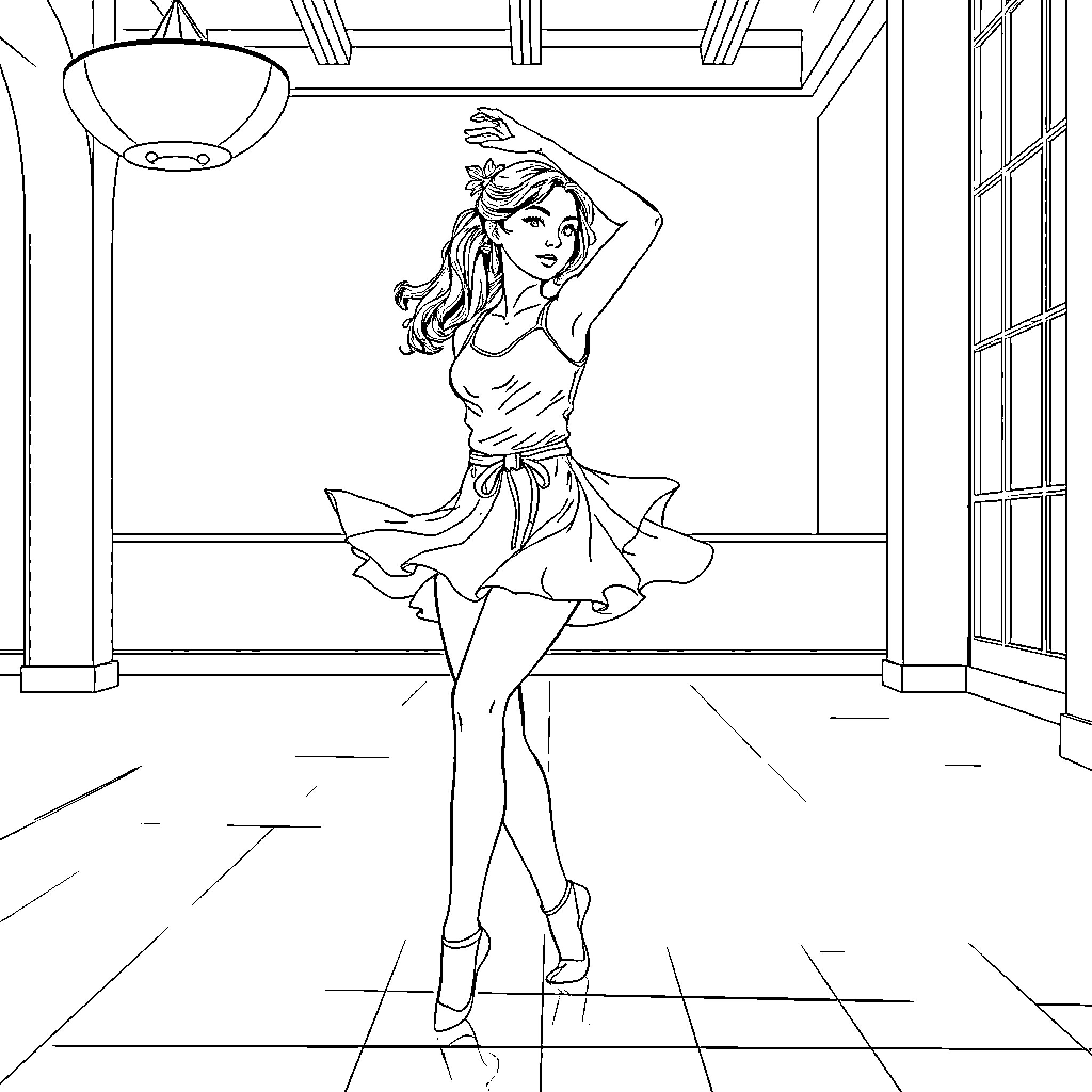 Dancer in graceful studio pose Coloring Page (free black-and-white line drawing printable PDF for all, from beginners to advanced learners, including children, teens, adults, and seniors)
