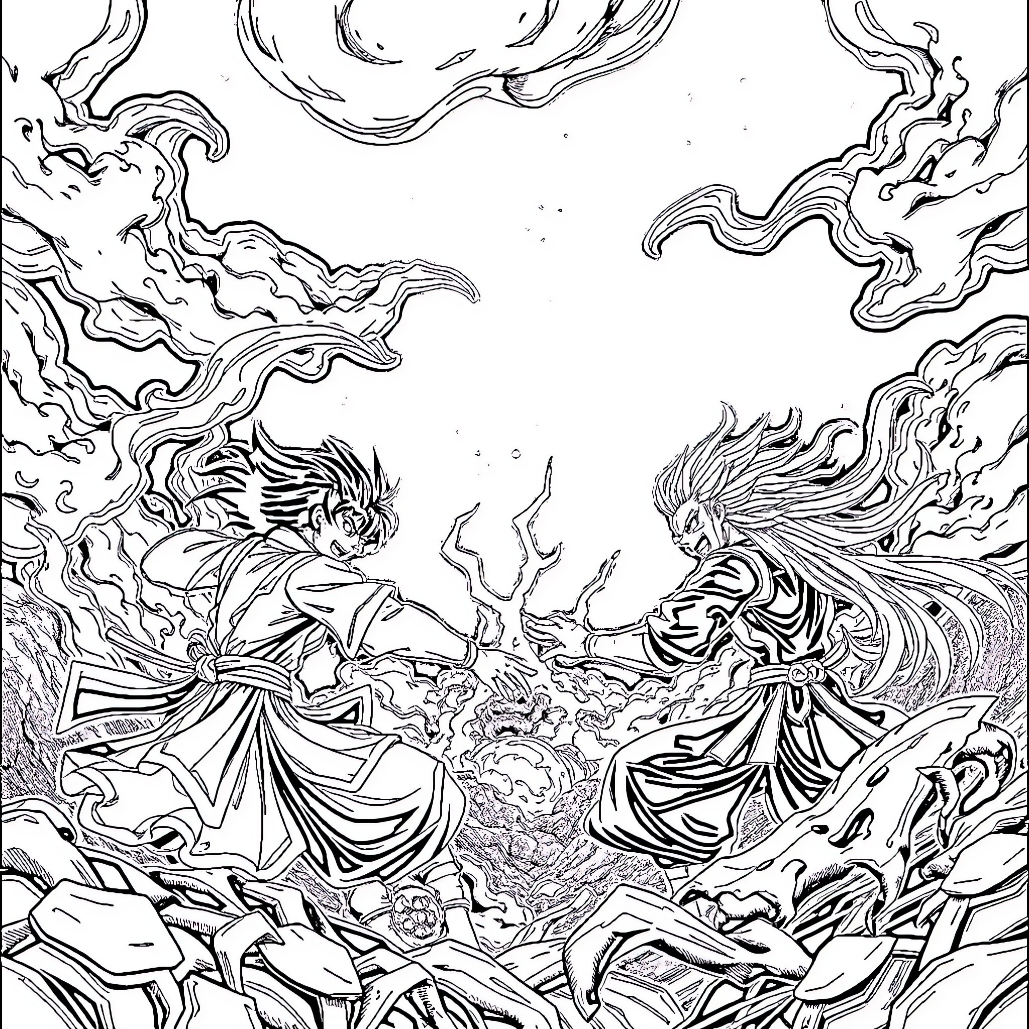 Tanjiro's Fiery Clash with Demonic Foes Coloring Page (free black-and-white line drawing printable PDF for all, from beginners to advanced learners, including children, teens, adults, and seniors)