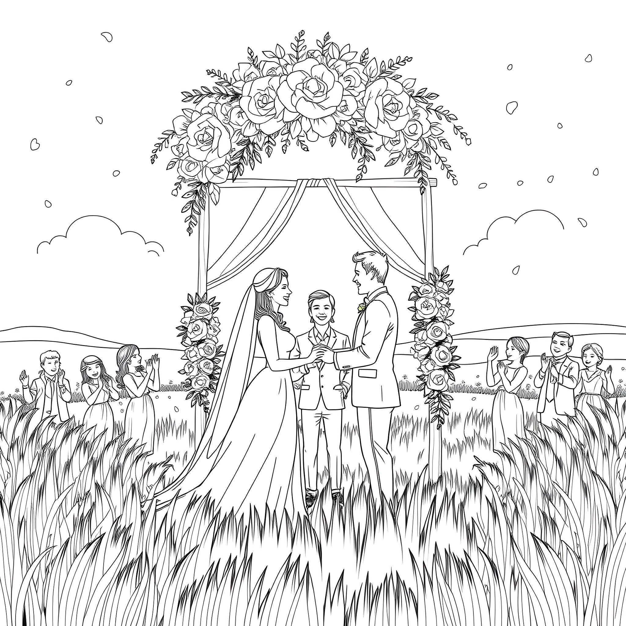 Bride and Groom Exchange Vows Under a Floral Arch Coloring Page (free black-and-white line drawing printable PDF for all, from beginners to advanced learners, including children, teens, adults, and seniors)