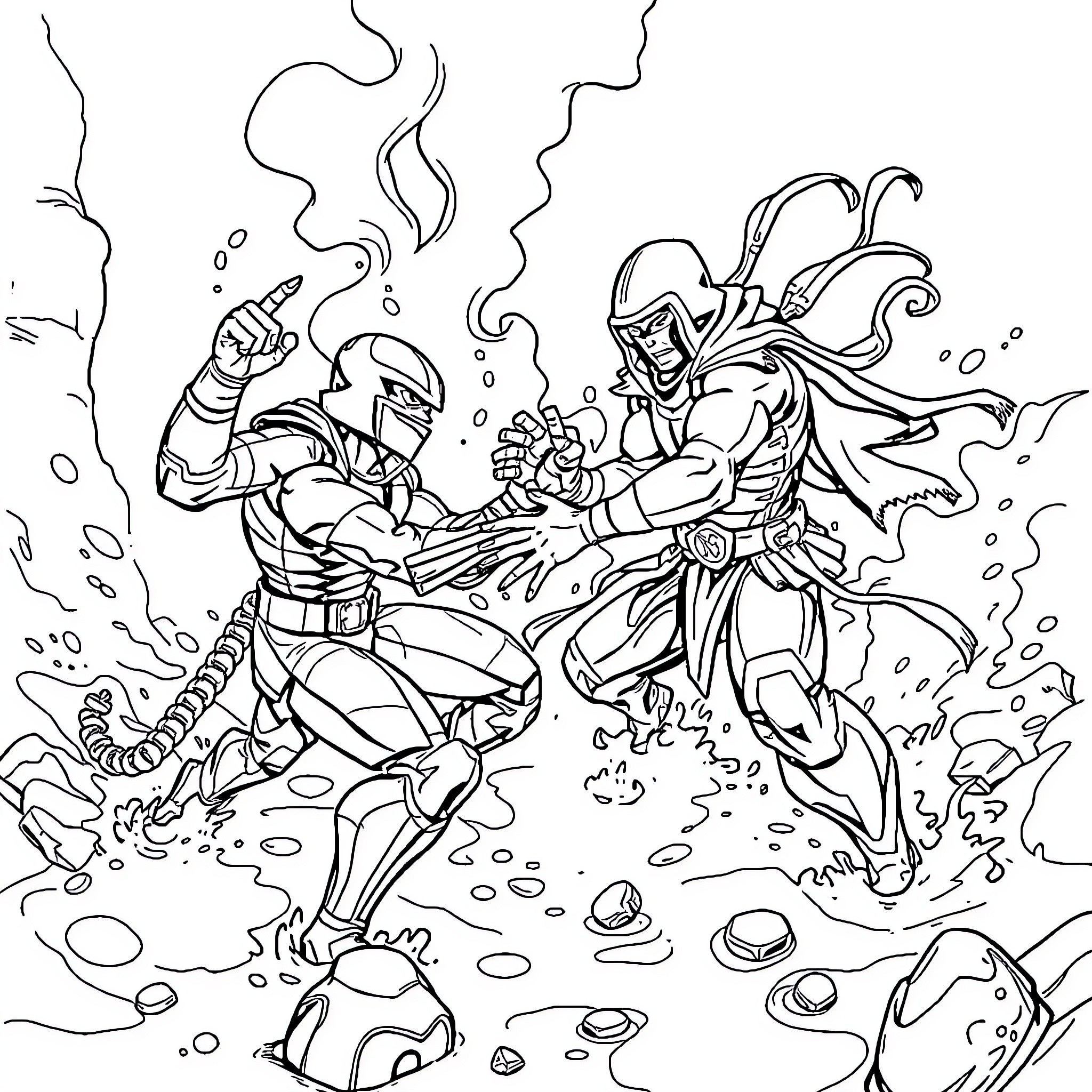 Mortal Kombat - Fierce warriors in combat Coloring Page (free black-and-white line drawing printable PDF for all, from beginners to advanced learners, including children, teens, adults, and seniors)