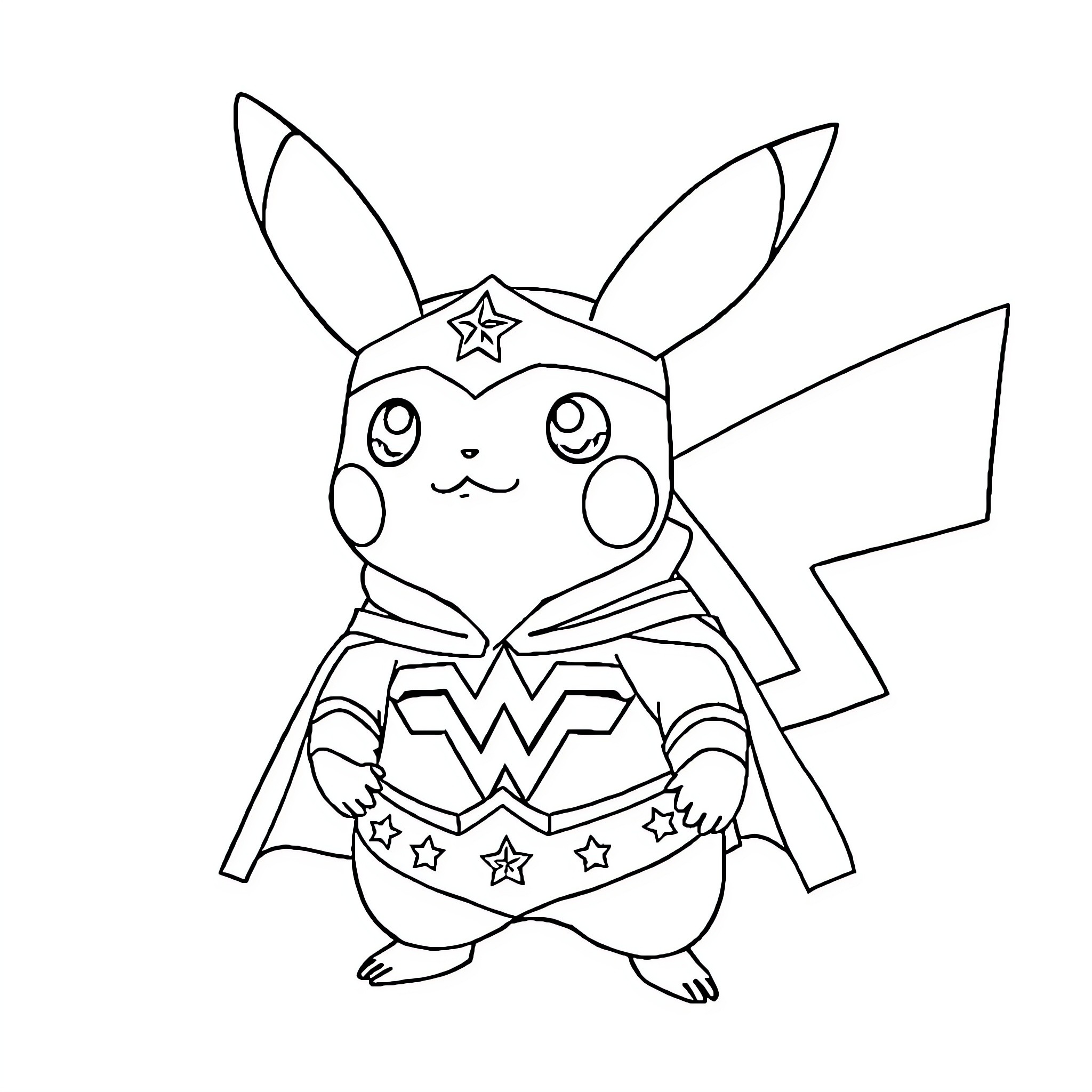 Pikachu dressed as Wonder Woman Coloring Page (free black-and-white line drawing printable PDF for all, from beginners to advanced learners, including children, teens, adults, and seniors)