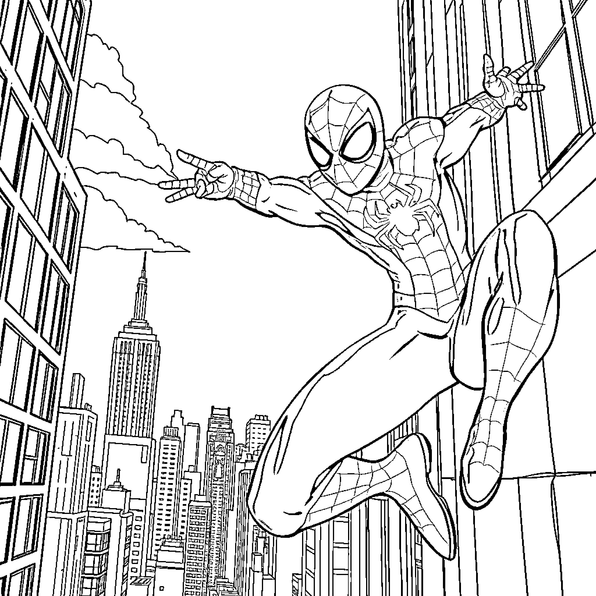 Spiderman swinging through New York City Coloring Page (free black-and-white line drawing printable PDF for all, from beginners to advanced learners, including children, teens, adults, and seniors)