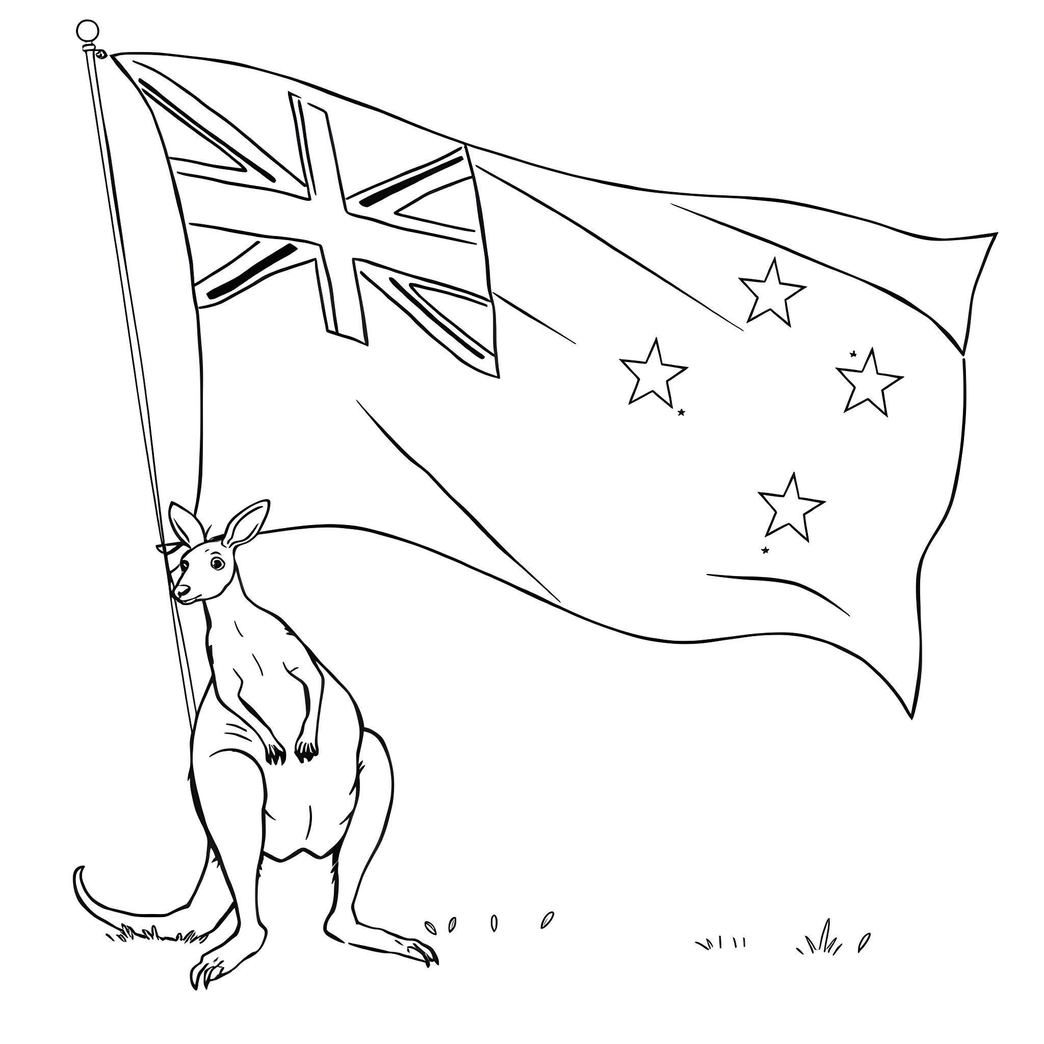 Kangaroo and Australian flag in the wind Coloring Page (free black-and-white line drawing printable PDF for all, from beginners to advanced learners, including children, teens, adults, and seniors)