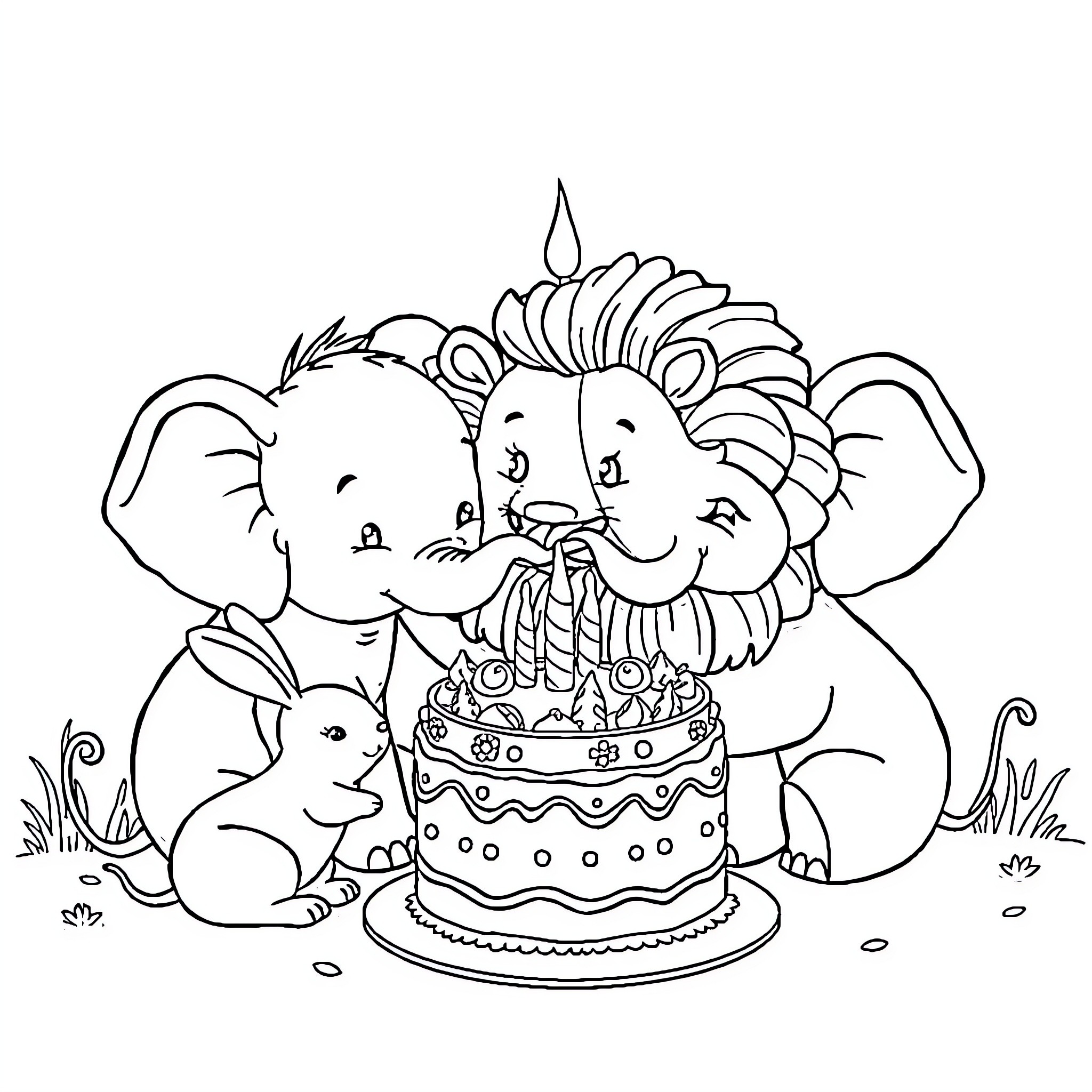 Elephant Celebrates Birthday with Animal Friends Coloring Page (free black-and-white line drawing printable PDF for all, from beginners to advanced learners, including children, teens, adults, and seniors)