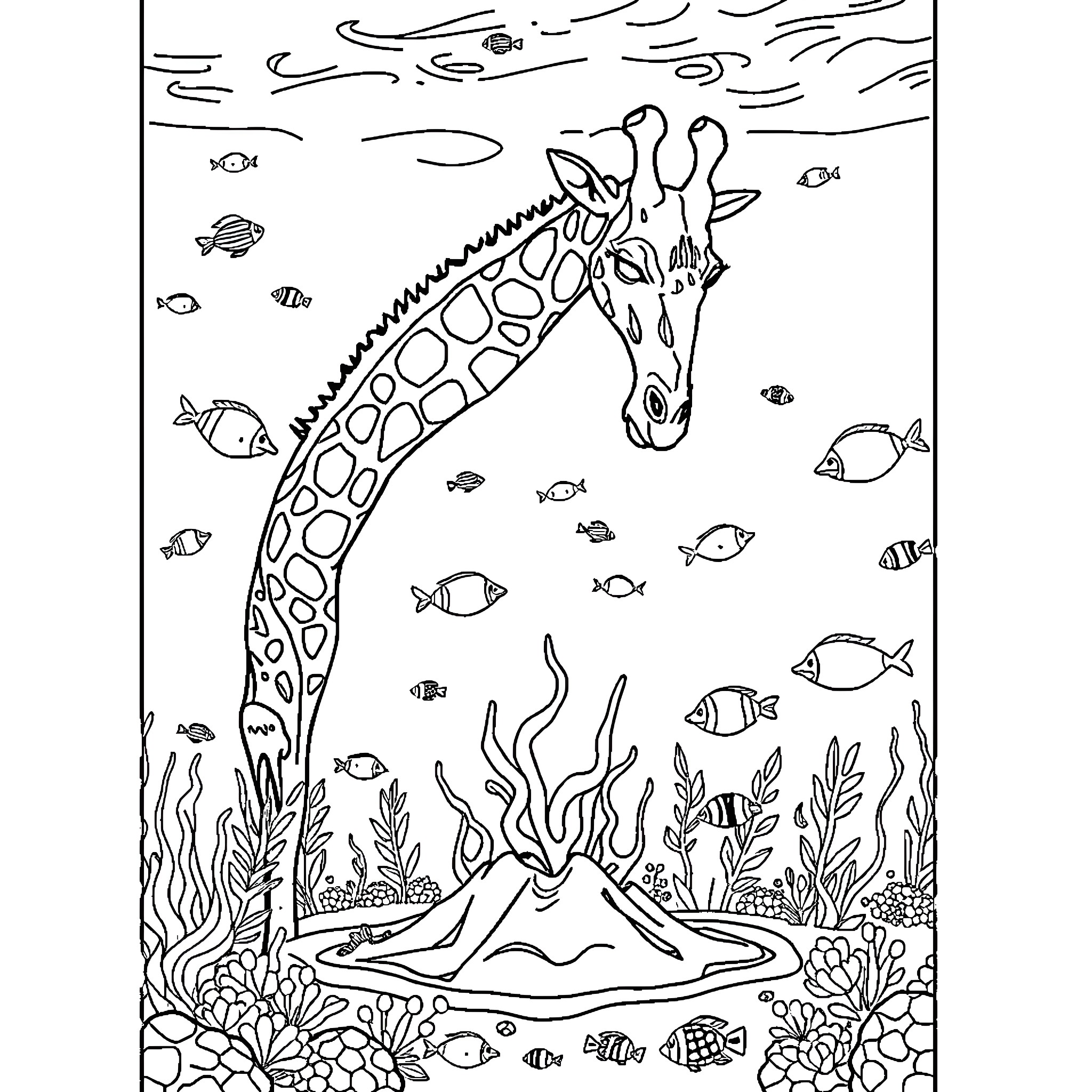 Giraffe swimming underwater with tropical fish Coloring Page (free black-and-white line drawing printable PDF for all, from beginners to advanced learners, including children, teens, adults, and seniors)
