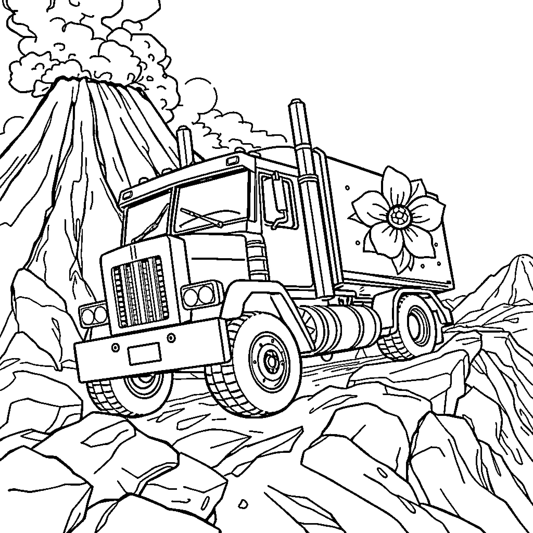 Optimus Prime Conquers the Mountain Terrain Coloring Page (free black-and-white line drawing printable PDF for all, from beginners to advanced learners, including children, teens, adults, and seniors)