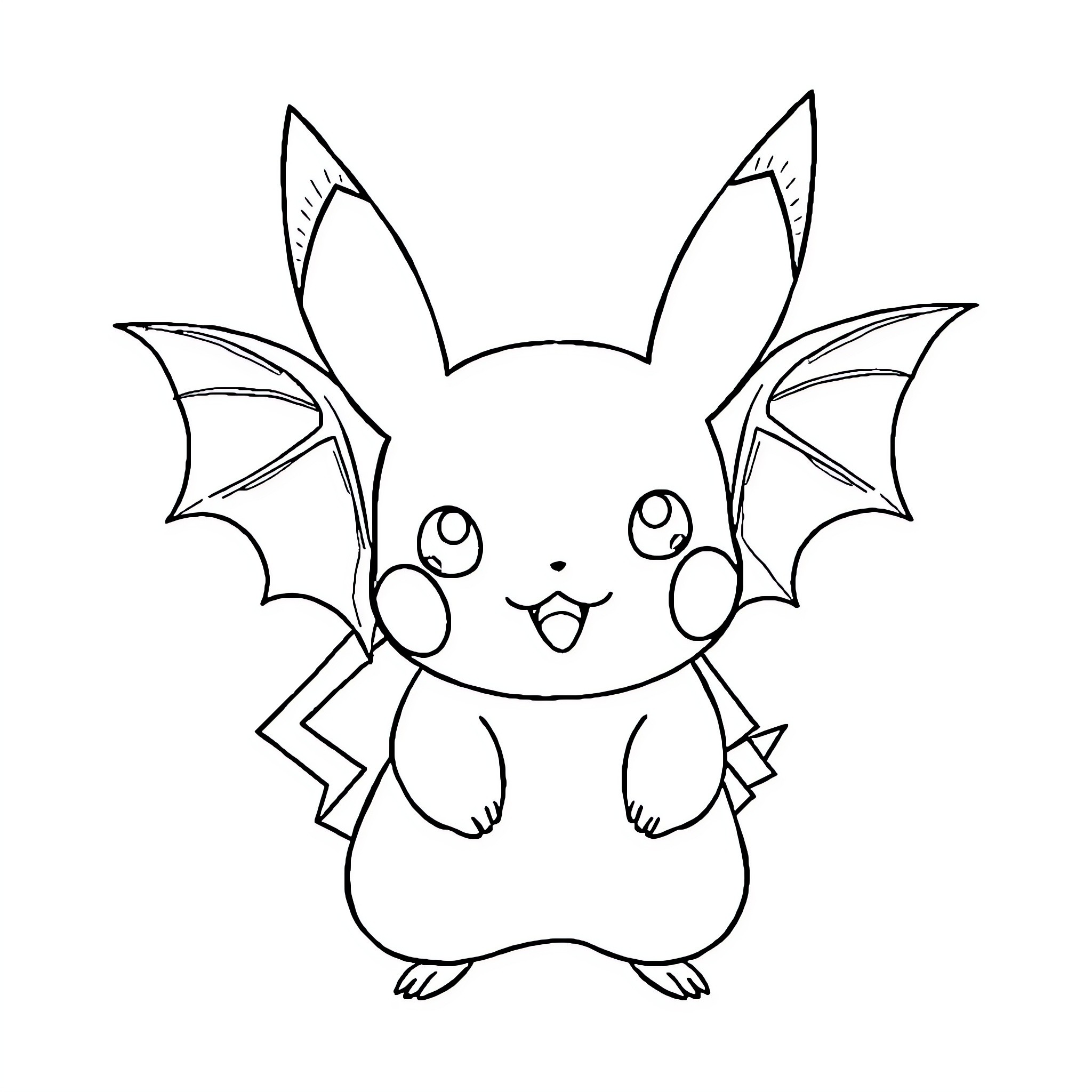 Pikachu as a Cute Bat-like Creature Coloring Page (free black-and-white line drawing printable PDF for all, from beginners to advanced learners, including children, teens, adults, and seniors)