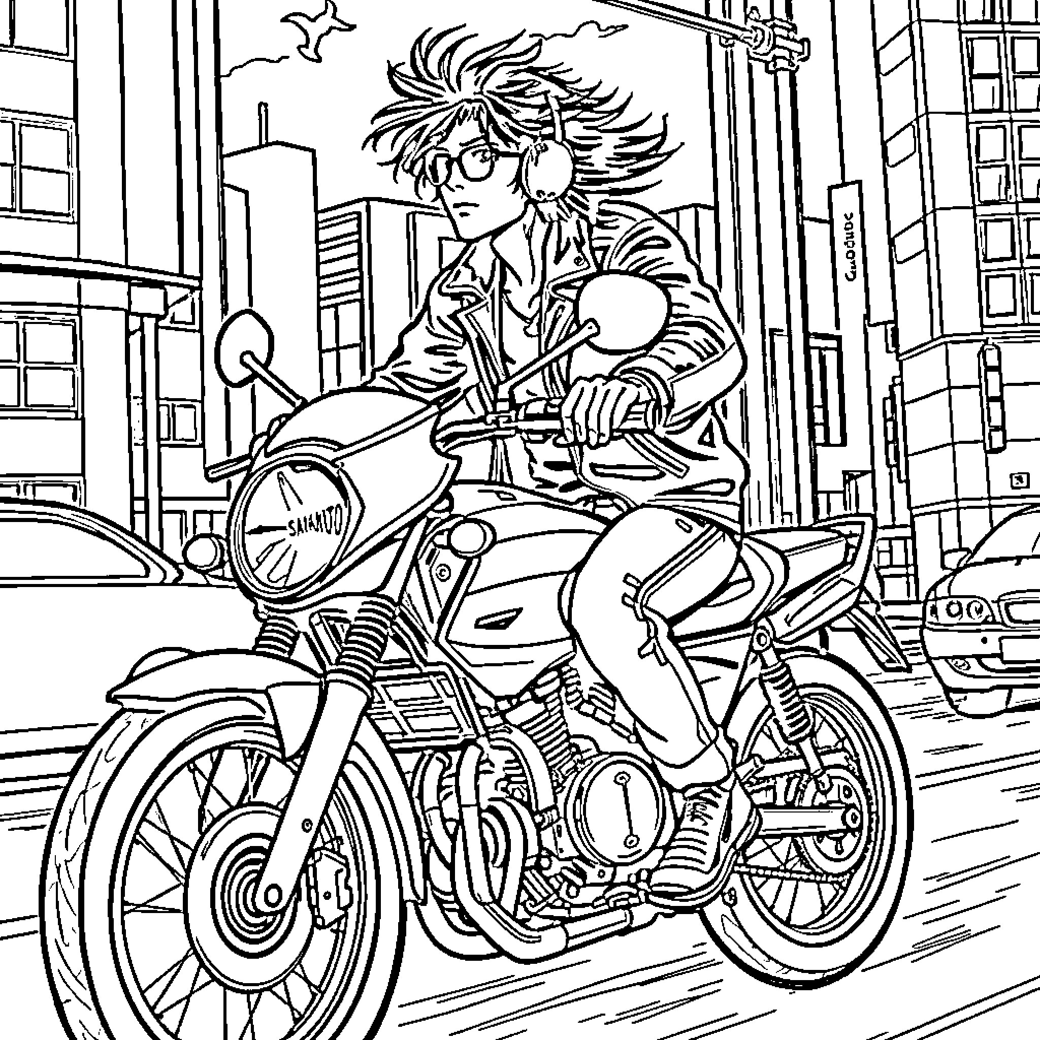 Sakamoto riding a motorcycle in the city Coloring Page (free black-and-white line drawing printable PDF for all, from beginners to advanced learners, including children, teens, adults, and seniors)