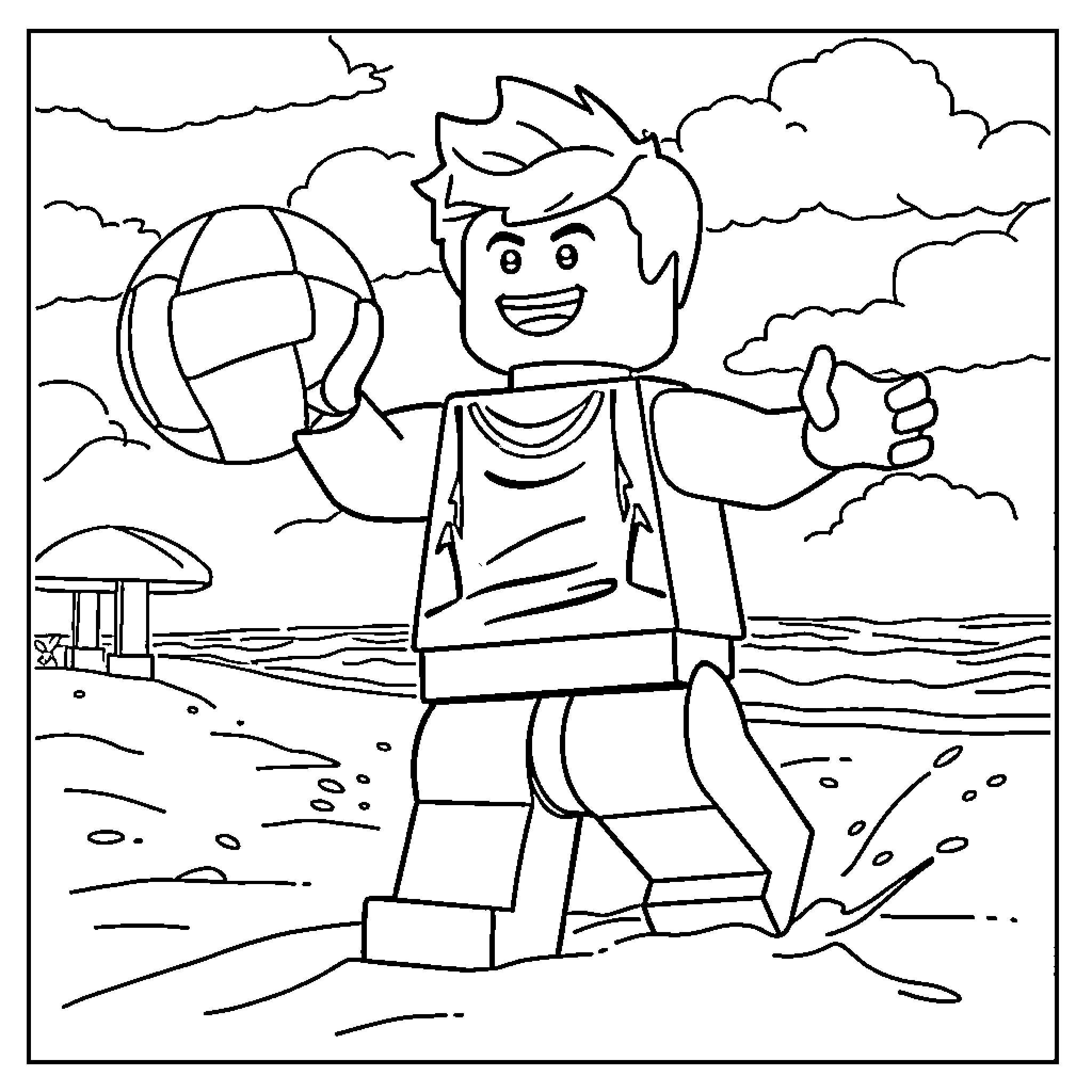 Lego Lloyd enjoying a day at the beach Coloring Page (free black-and-white line drawing printable PDF for all, from beginners to advanced learners, including children, teens, adults, and seniors)