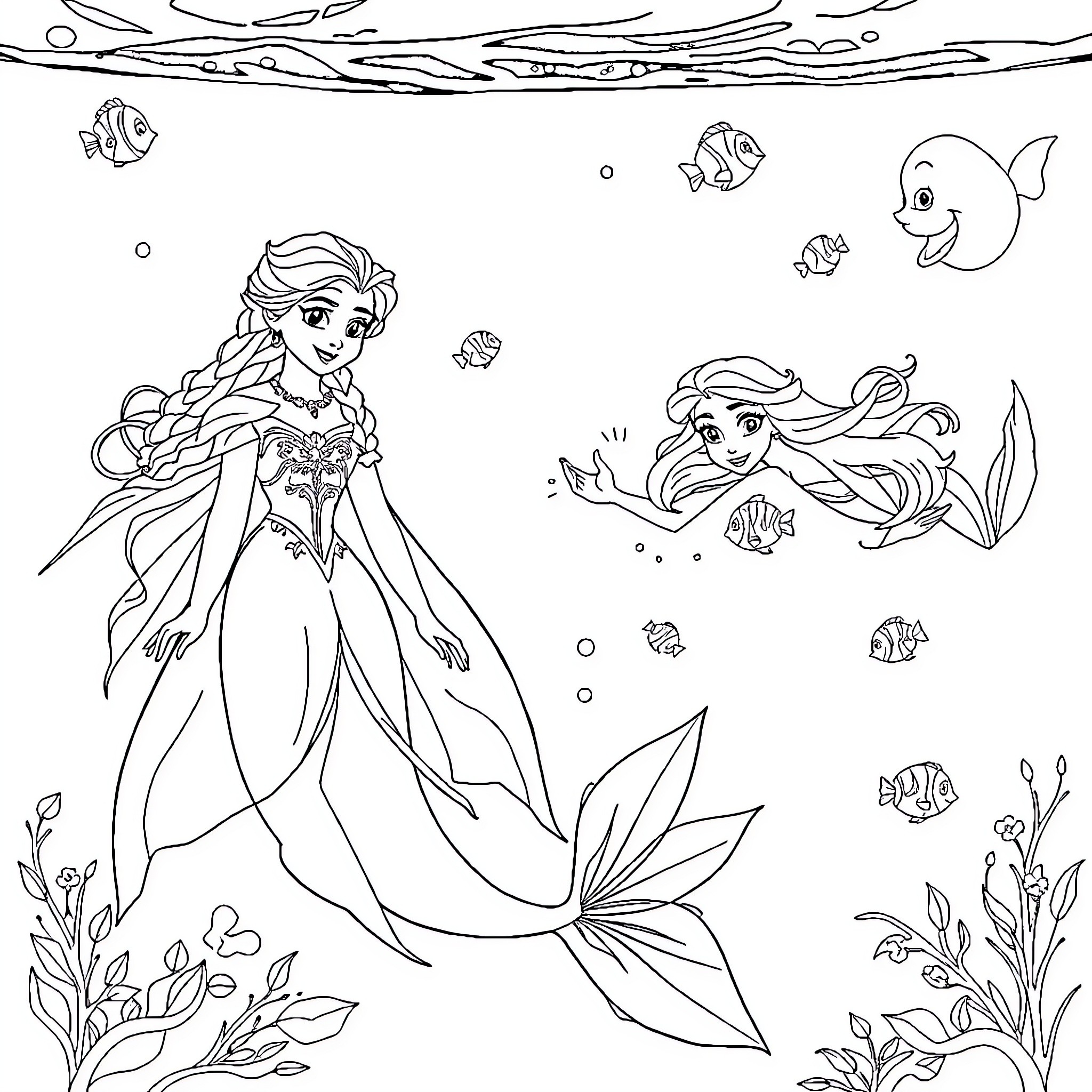 Mermaid sisters swimming playfully in the sea Coloring Page (free black-and-white line drawing printable PDF for all, from beginners to advanced learners, including children, teens, adults, and seniors)