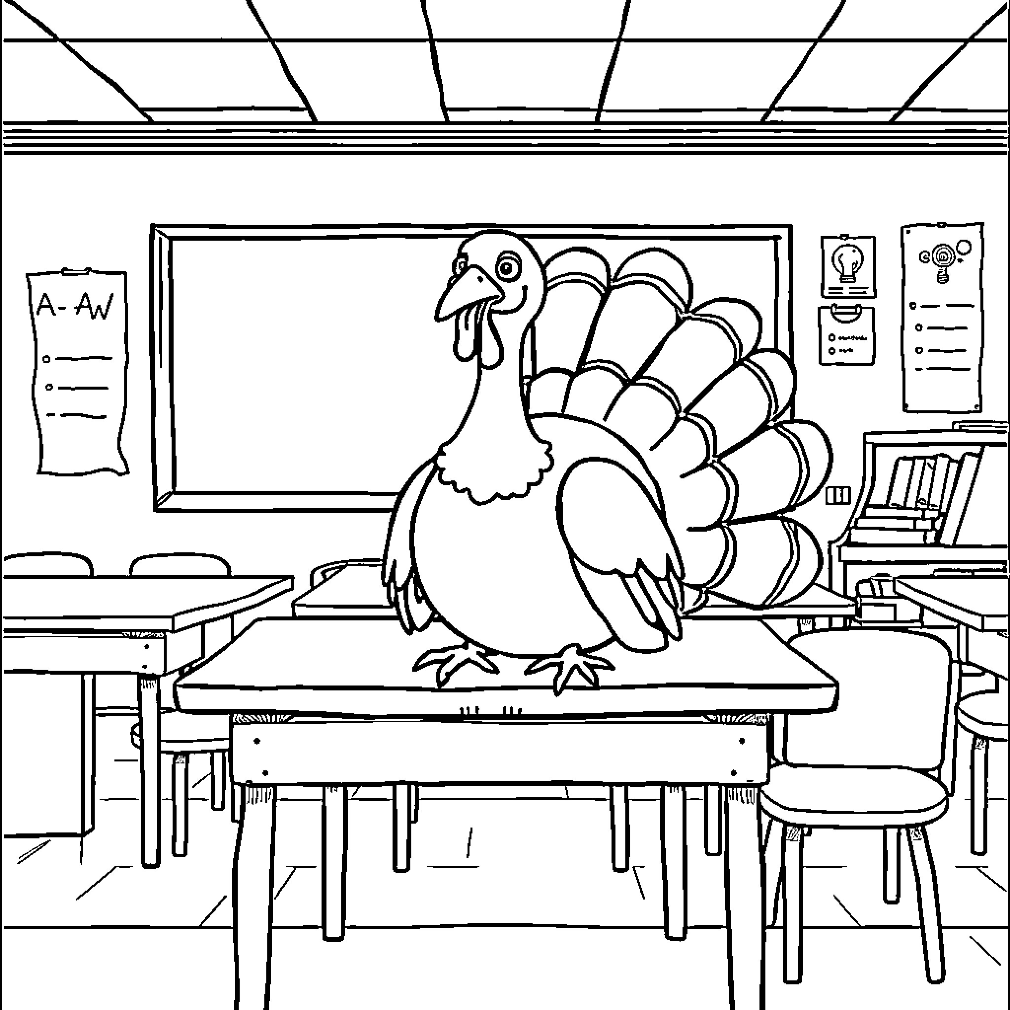 Turkey in the Classroom: Thanksgiving Education Coloring Page (free black-and-white line drawing printable PDF for all, from beginners to advanced learners, including children, teens, adults, and seniors)