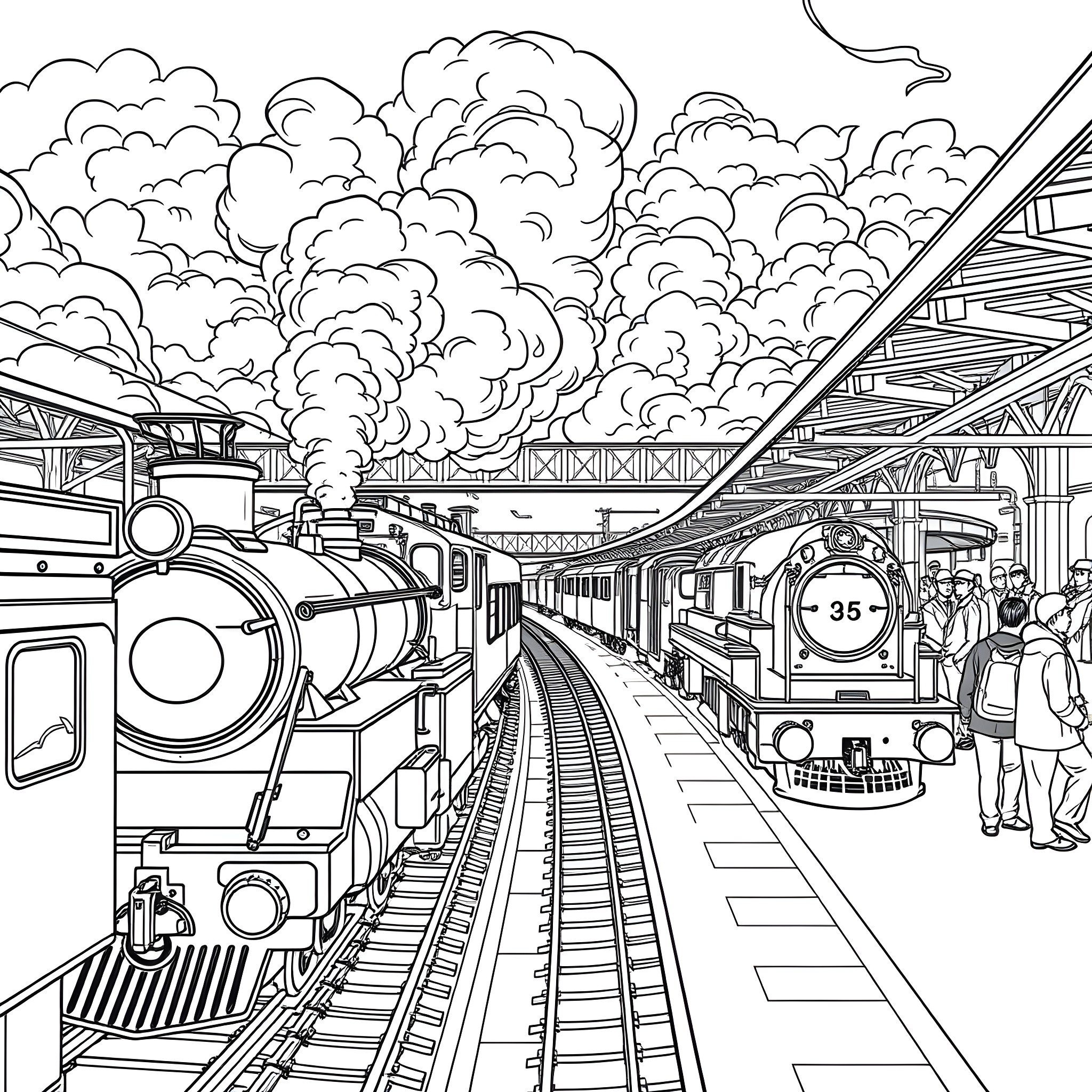 Train station filled with steam and activity Coloring Page (free black-and-white line drawing printable PDF for all, from beginners to advanced learners, including children, teens, adults, and seniors)