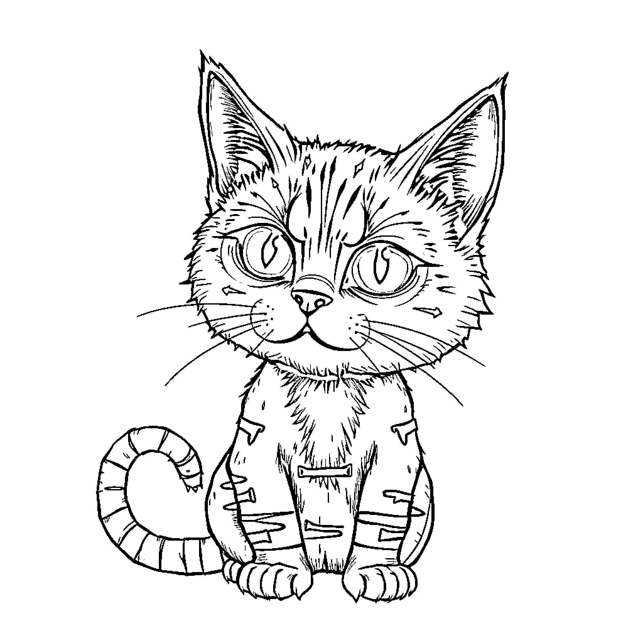 Frankenstein's Feline: A Curious Cat's Whimsical Appearance Coloring Page (free black-and-white line drawing printable PDF for all, from beginners to advanced learners, including children, teens, adults, and seniors)