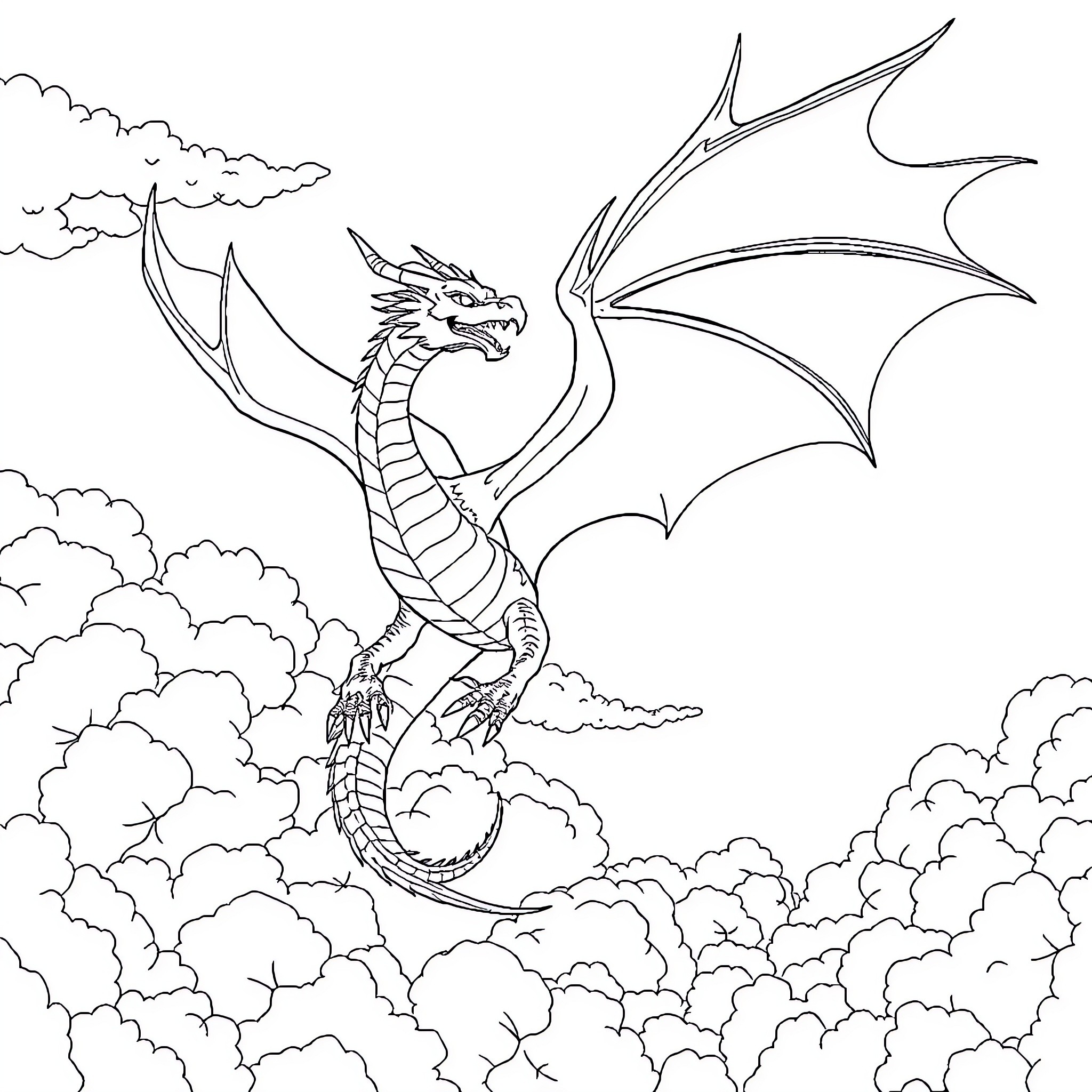 Dragon soaring majestically through the clouds Coloring Page (free black-and-white line drawing printable PDF for all, from beginners to advanced learners, including children, teens, adults, and seniors)