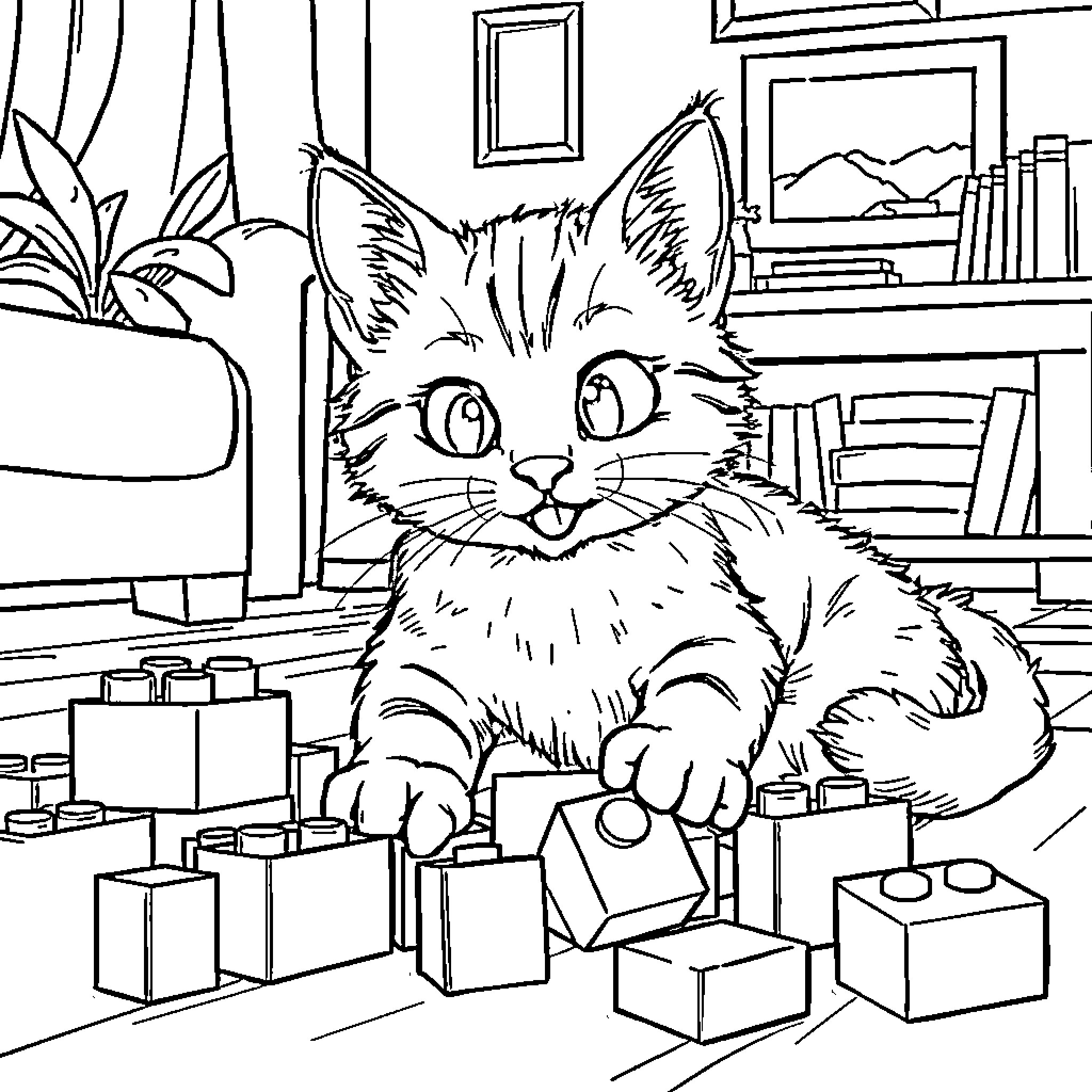 Cat playing with building blocks in room Coloring Page (free black-and-white line drawing printable PDF for all, from beginners to advanced learners, including children, teens, adults, and seniors)