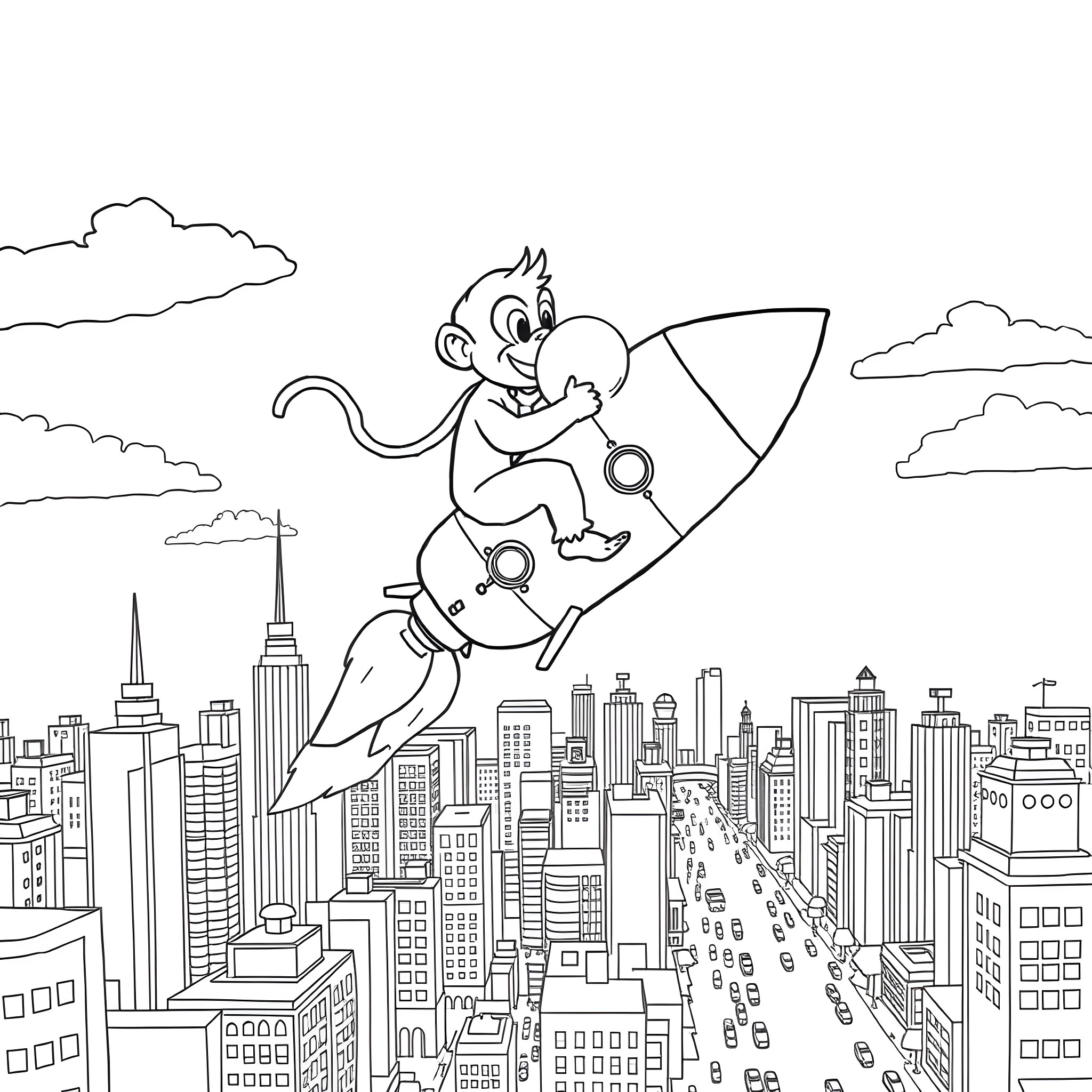 Monkey Riding Rocket Ship Over City Skyline Coloring Page (free black-and-white line drawing printable PDF for all, from beginners to advanced learners, including children, teens, adults, and seniors)