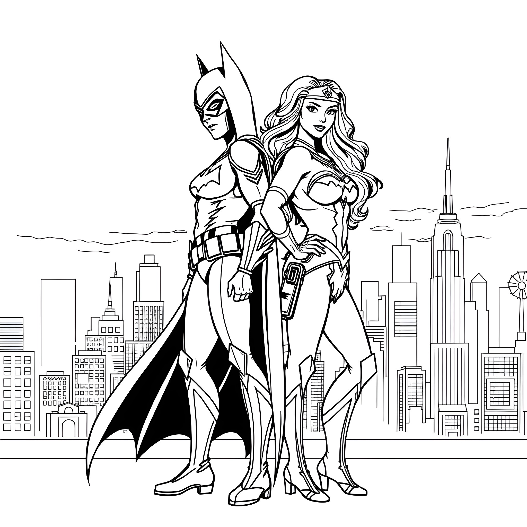 Batgirl and Superheroine Duo Protecting the City Coloring Page (free black-and-white line drawing printable PDF for all, from beginners to advanced learners, including children, teens, adults, and seniors)