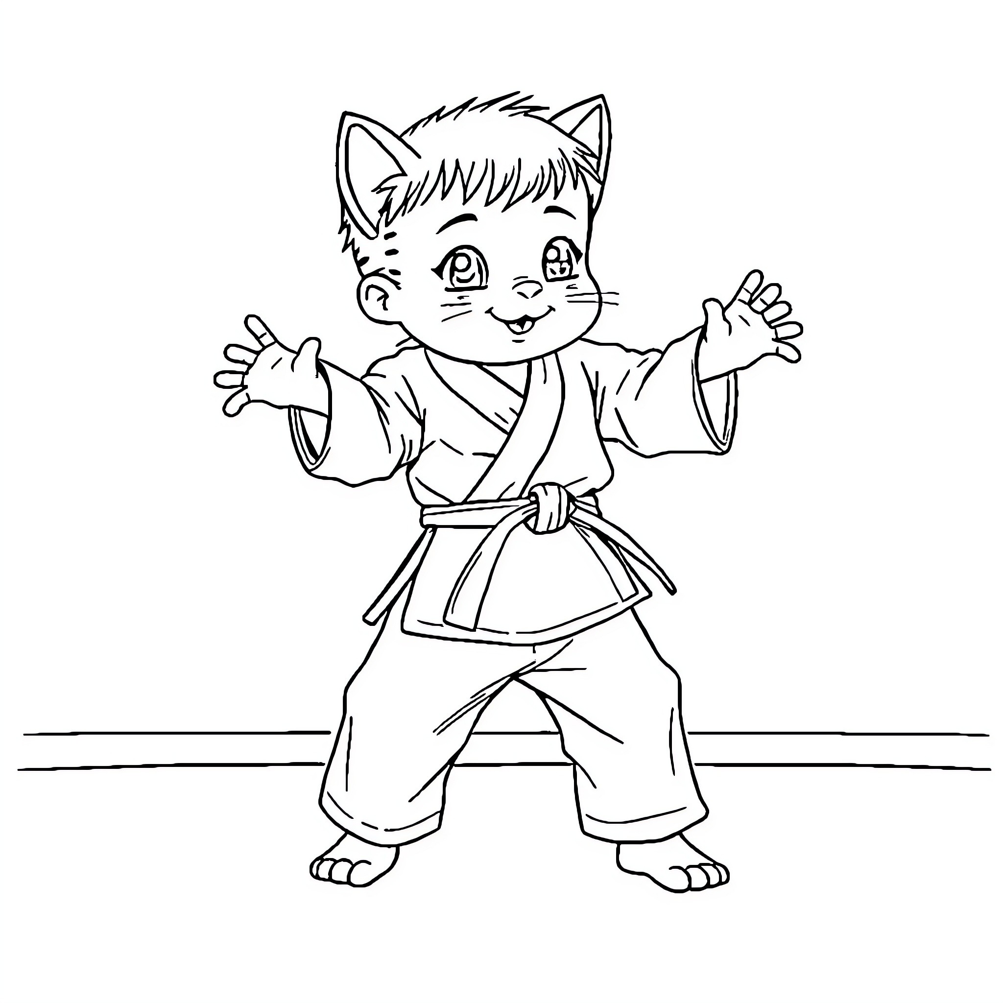 Judoka cat practicing martial arts with enthusiasm Coloring Page (free black-and-white line drawing printable PDF for all, from beginners to advanced learners, including children, teens, adults, and seniors)