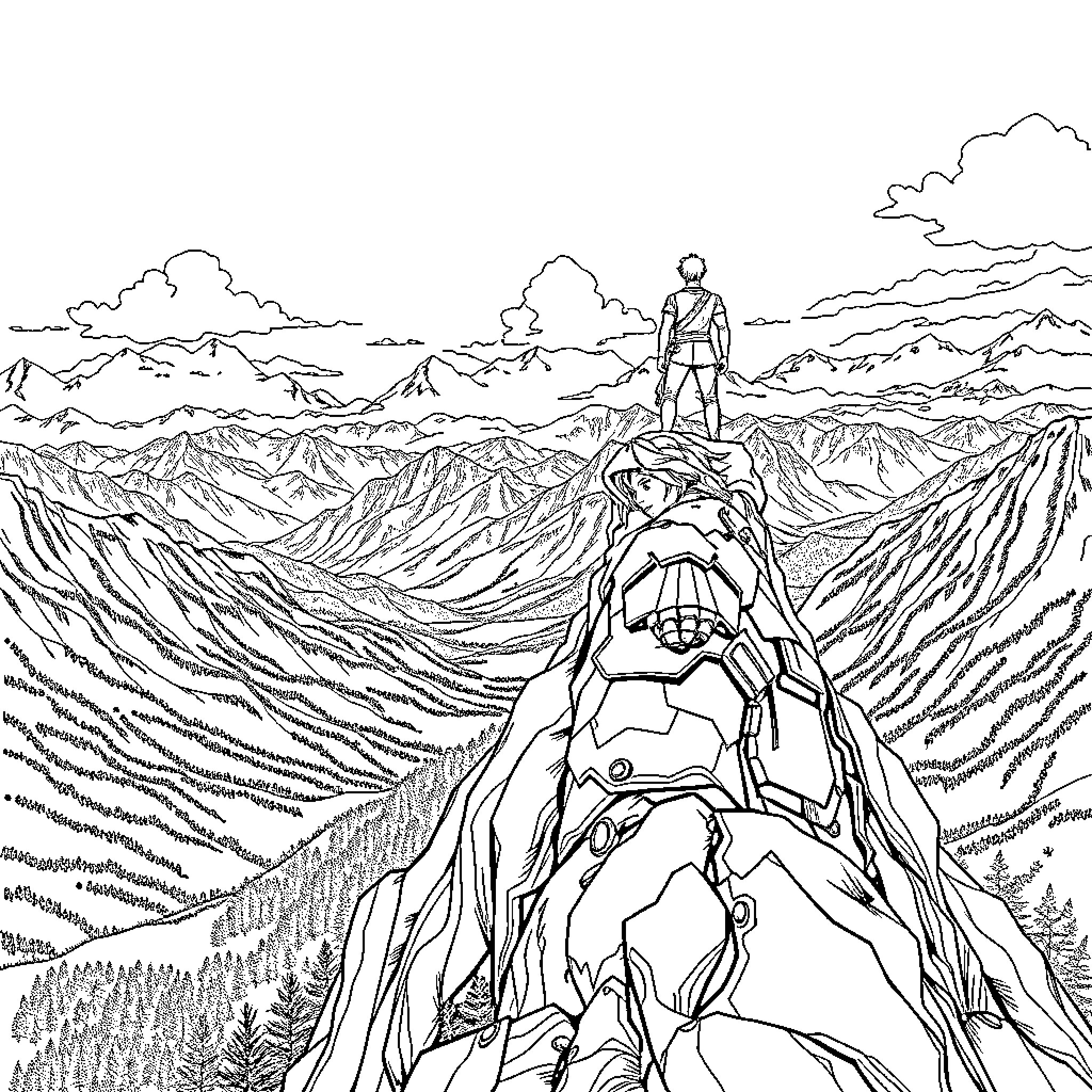 Njegos atop a majestic mountain peak Coloring Page (free black-and-white line drawing printable PDF for all, from beginners to advanced learners, including children, teens, adults, and seniors)