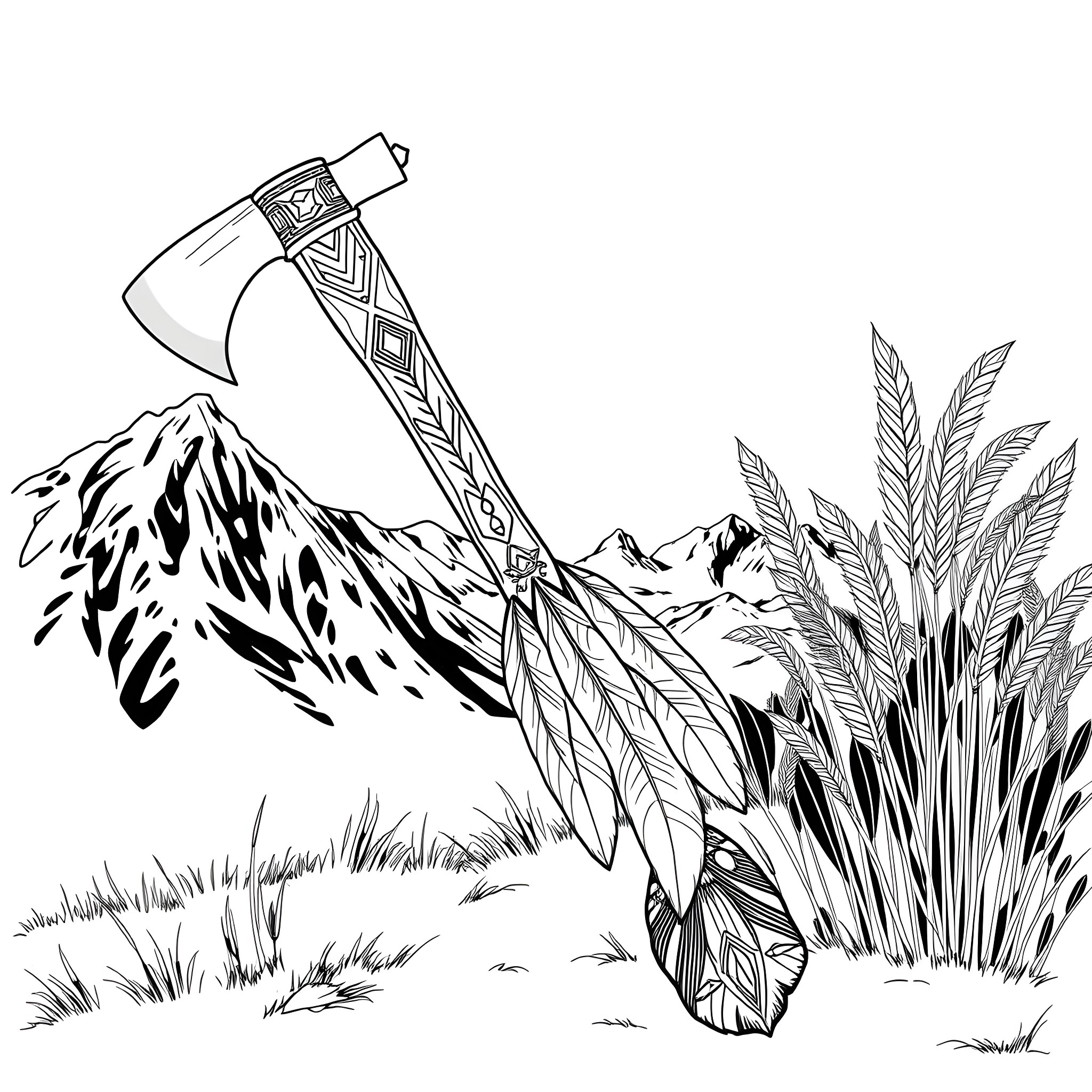 Axe Embedded in Rugged Terrain with Vegetation Coloring Page (free black-and-white line drawing printable PDF for all, from beginners to advanced learners, including children, teens, adults, and seniors)
