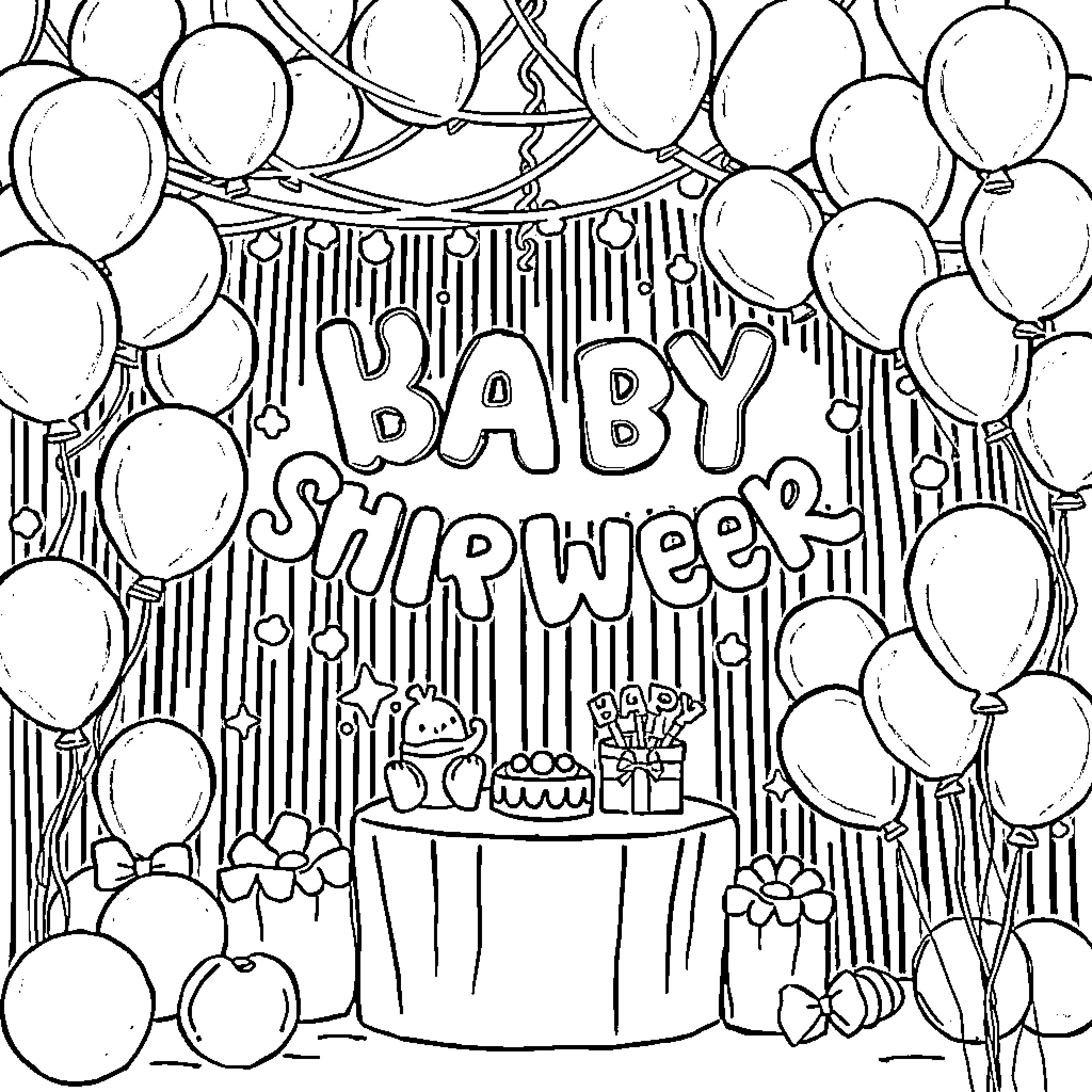 Baby Shower Celebration with Balloons and Decorations Coloring Page (free black-and-white line drawing printable PDF for all, from beginners to advanced learners, including children, teens, adults, and seniors)