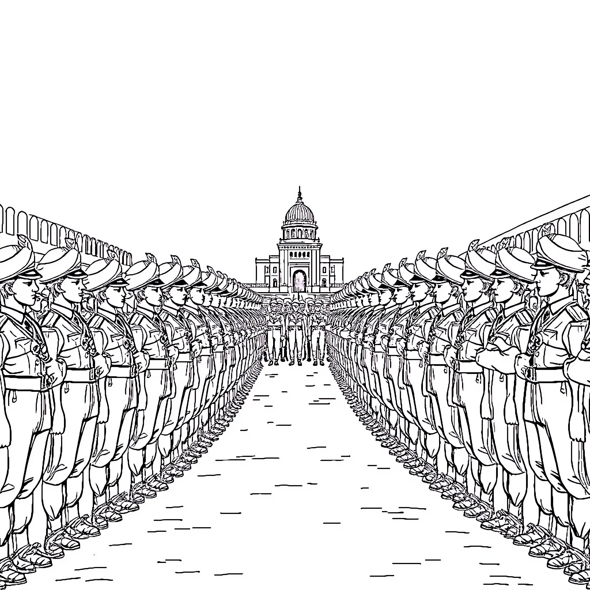 Soldier parade marching towards capitol building Coloring Page (free black-and-white line drawing printable PDF for all, from beginners to advanced learners, including children, teens, adults, and seniors)