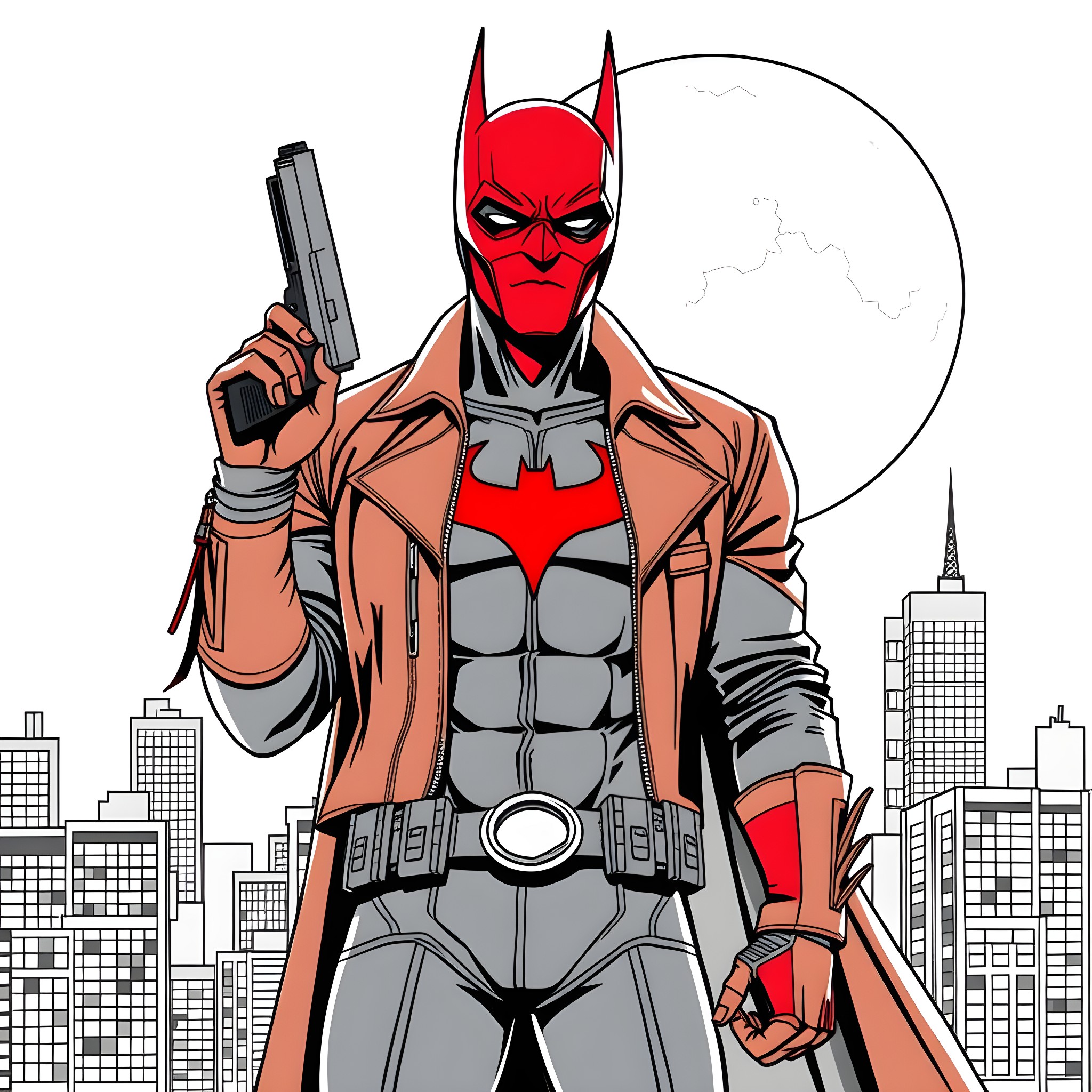 Red Hood's Vigilante Heroics in the City Coloring Page (free black-and-white line drawing printable PDF for all, from beginners to advanced learners, including children, teens, adults, and seniors)