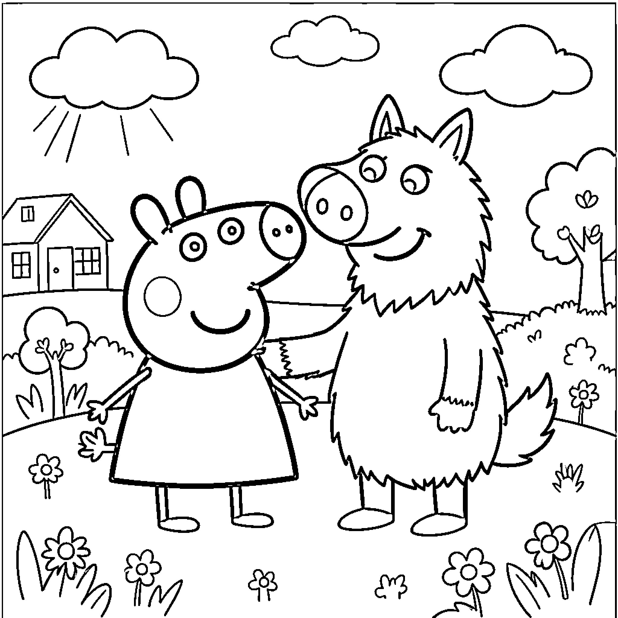 Pepa and the Wolf smiling at each other outdoors Coloring Page (free black-and-white line drawing printable PDF for all, from beginners to advanced learners, including children, teens, adults, and seniors)