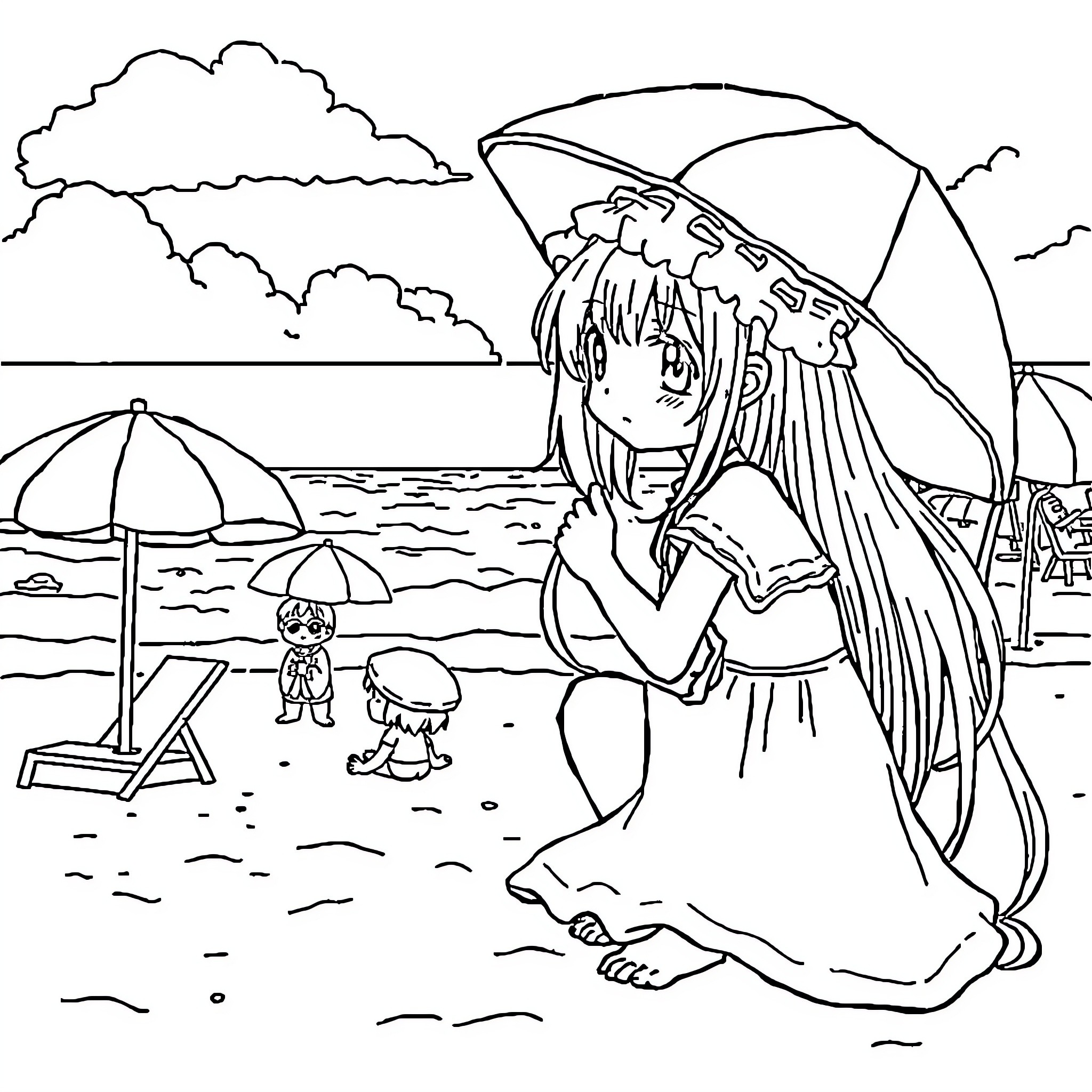 Reimu enjoying a day at the beach Coloring Page (free black-and-white line drawing printable PDF for all, from beginners to advanced learners, including children, teens, adults, and seniors)