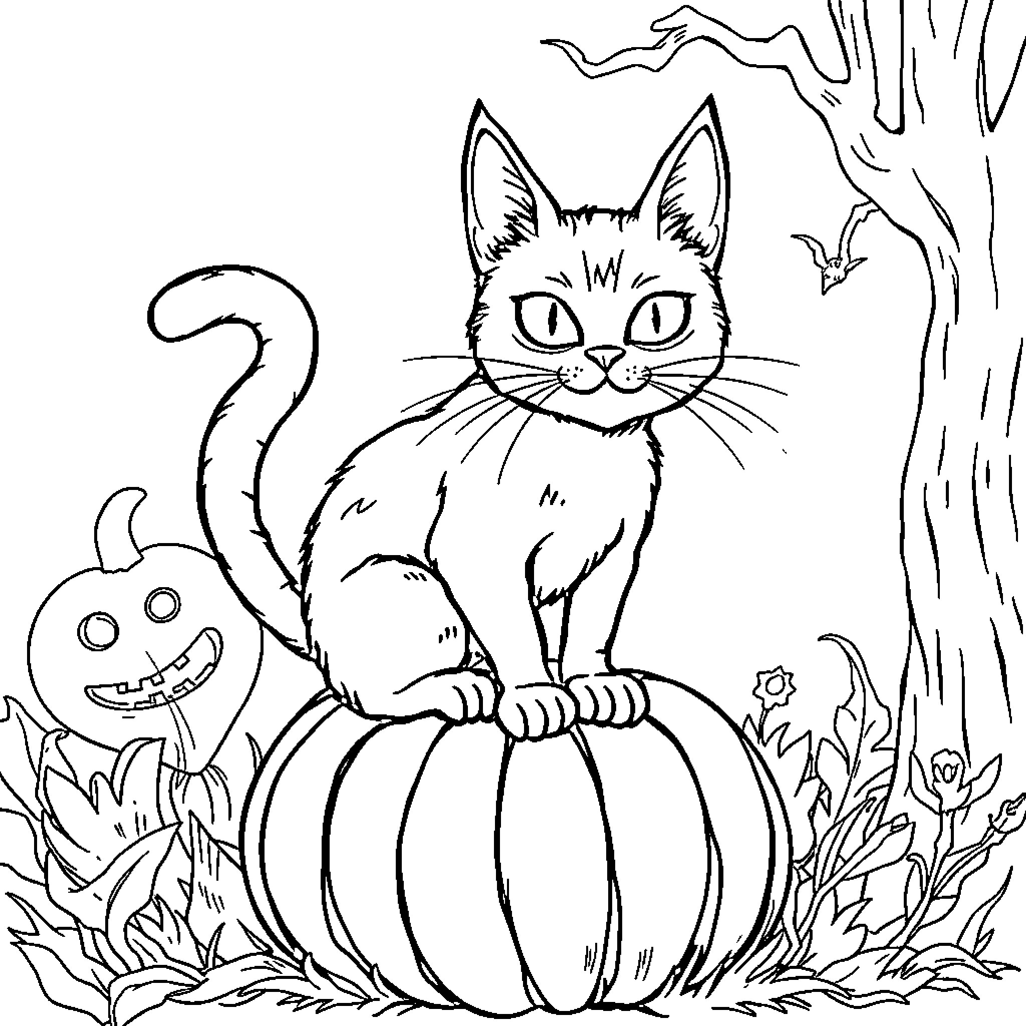 Cat sitting atop a pumpkin in autumn setting Coloring Page (free black-and-white line drawing printable PDF for all, from beginners to advanced learners, including children, teens, adults, and seniors)