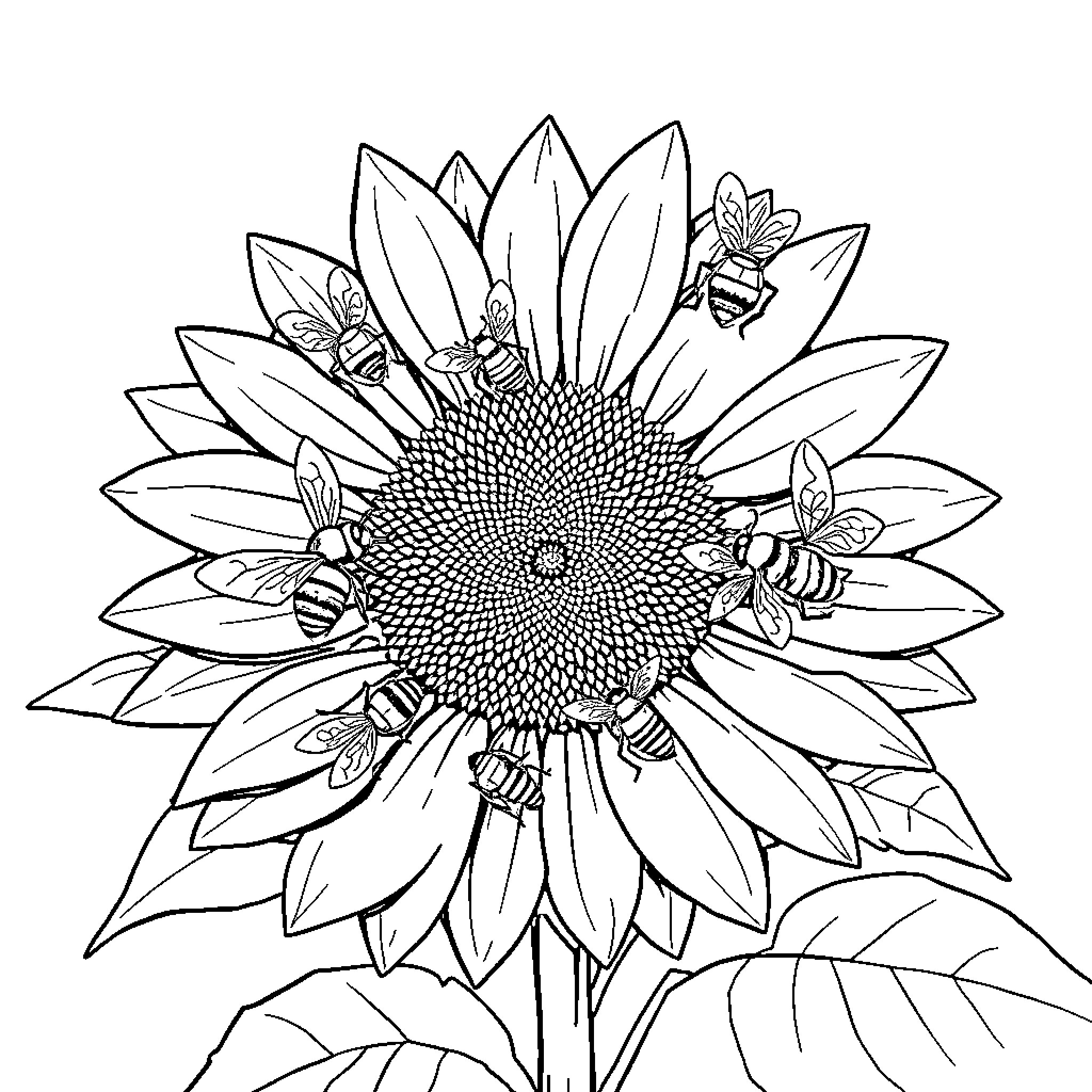 Bees hovering around sunflower Coloring Page (free black-and-white line drawing printable PDF for all, from beginners to advanced learners, including children, teens, adults, and seniors)