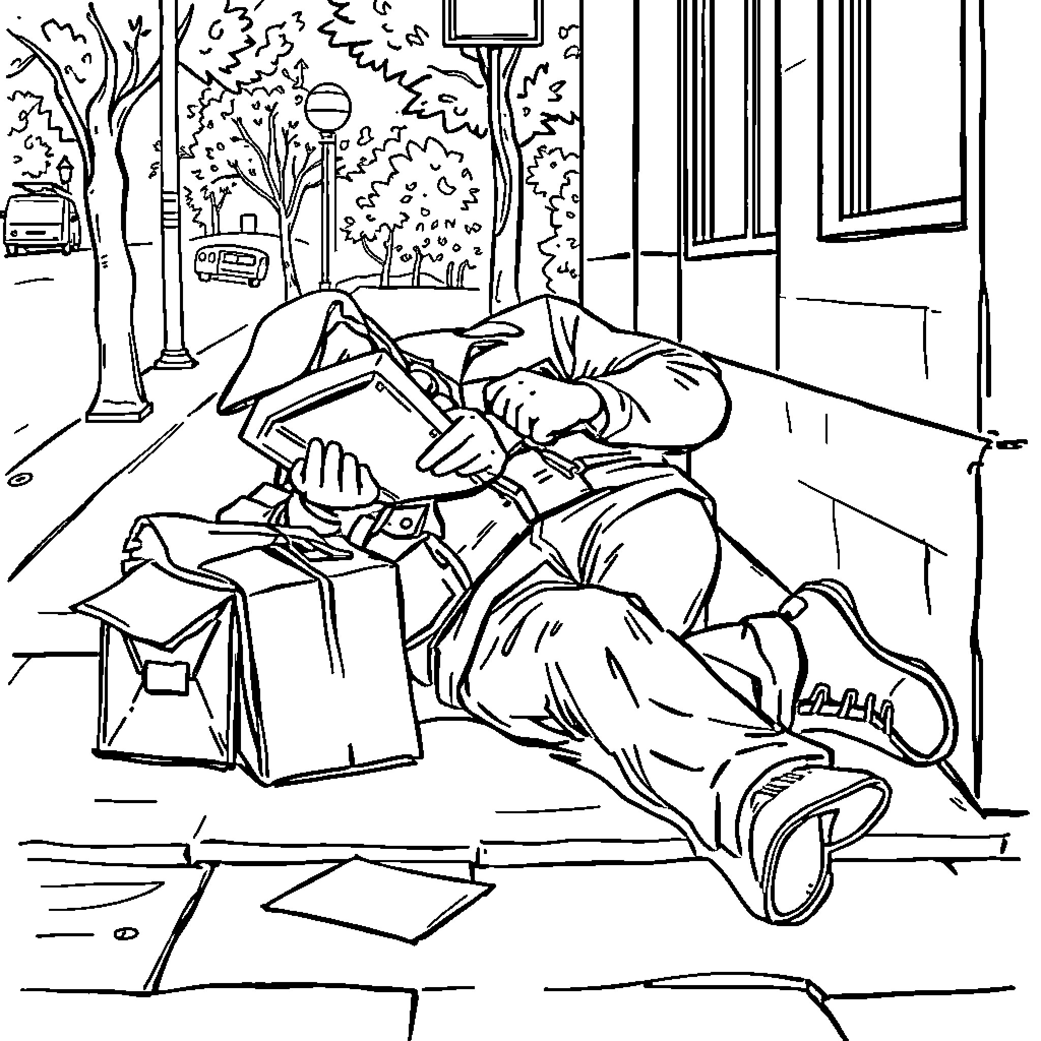 Mailman resting on the street with packages Coloring Page (free black-and-white line drawing printable PDF for all, from beginners to advanced learners, including children, teens, adults, and seniors)