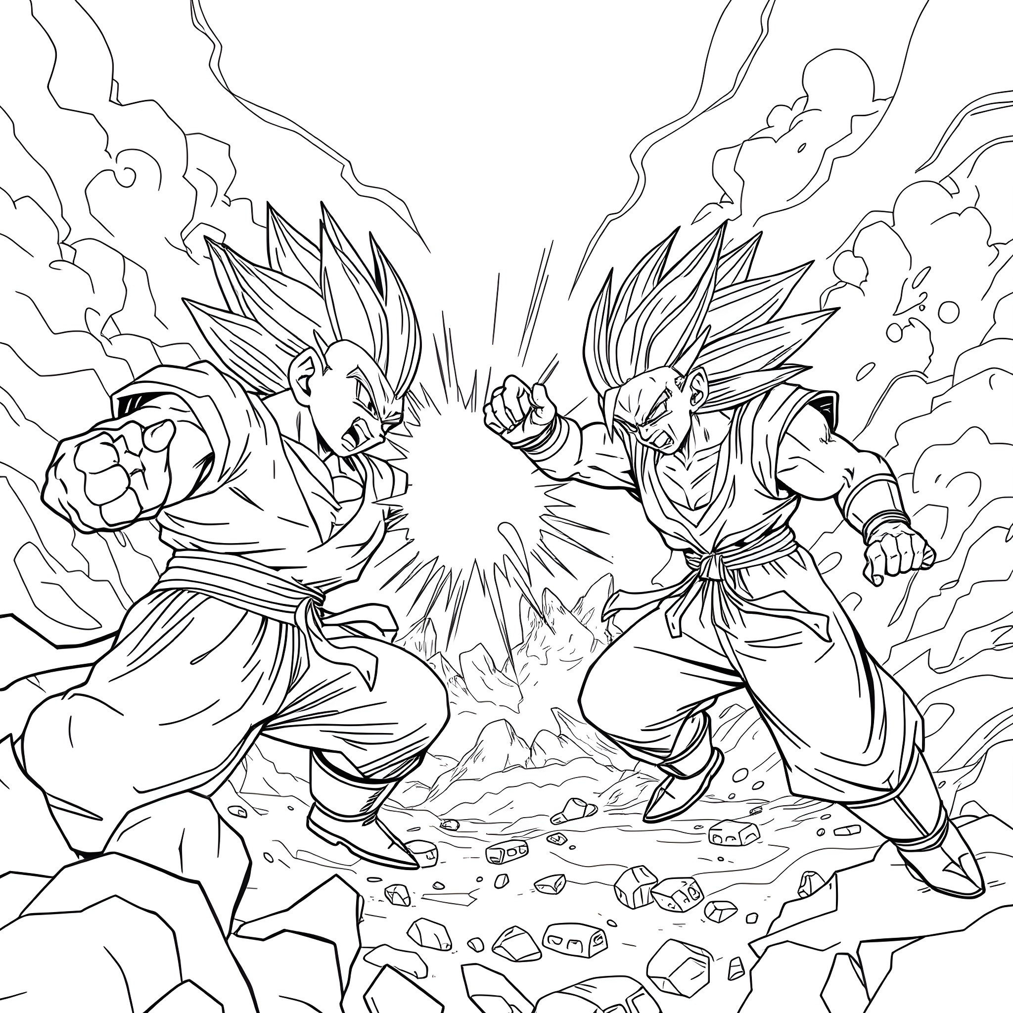 Dragonball Z: Intense Superhero Battle Coloring Page (free black-and-white line drawing printable PDF for all, from beginners to advanced learners, including children, teens, adults, and seniors)