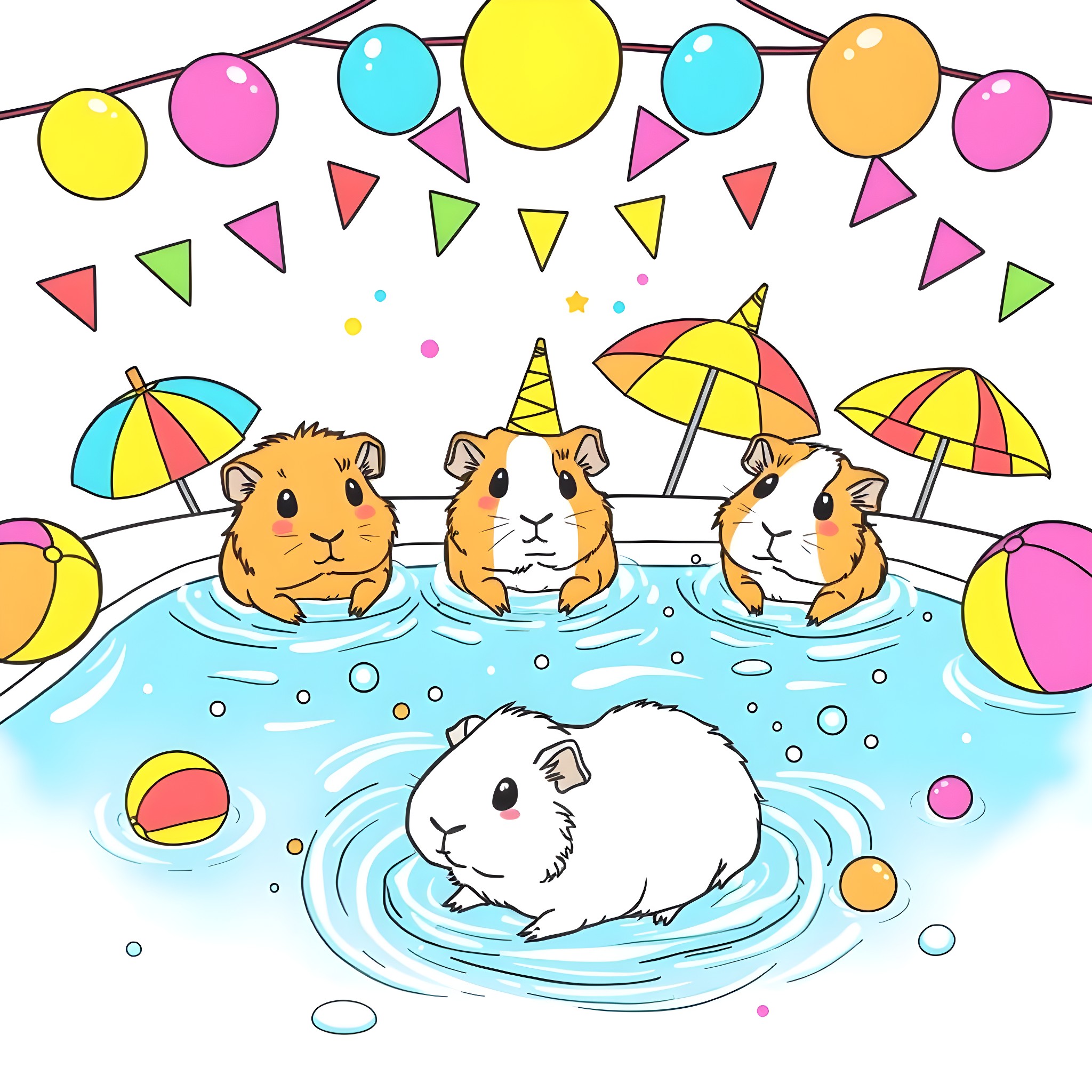 Guinea Pigs Enjoying Pool Party With Umbrellas Coloring Page (free black-and-white line drawing printable PDF for all, from beginners to advanced learners, including children, teens, adults, and seniors)