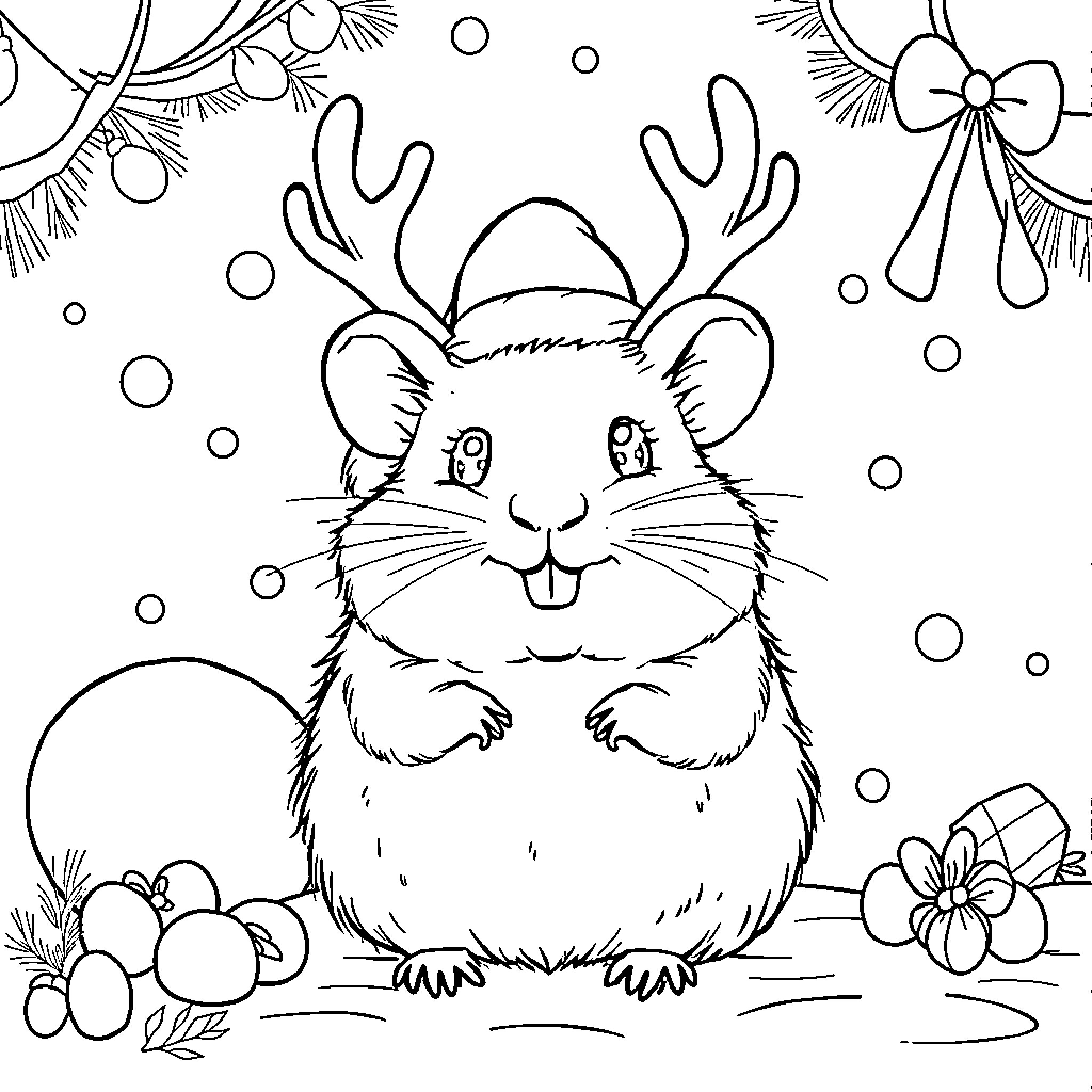 Hamster dressed as reindeer in winter wonderland Coloring Page (free black-and-white line drawing printable PDF for all, from beginners to advanced learners, including children, teens, adults, and seniors)
