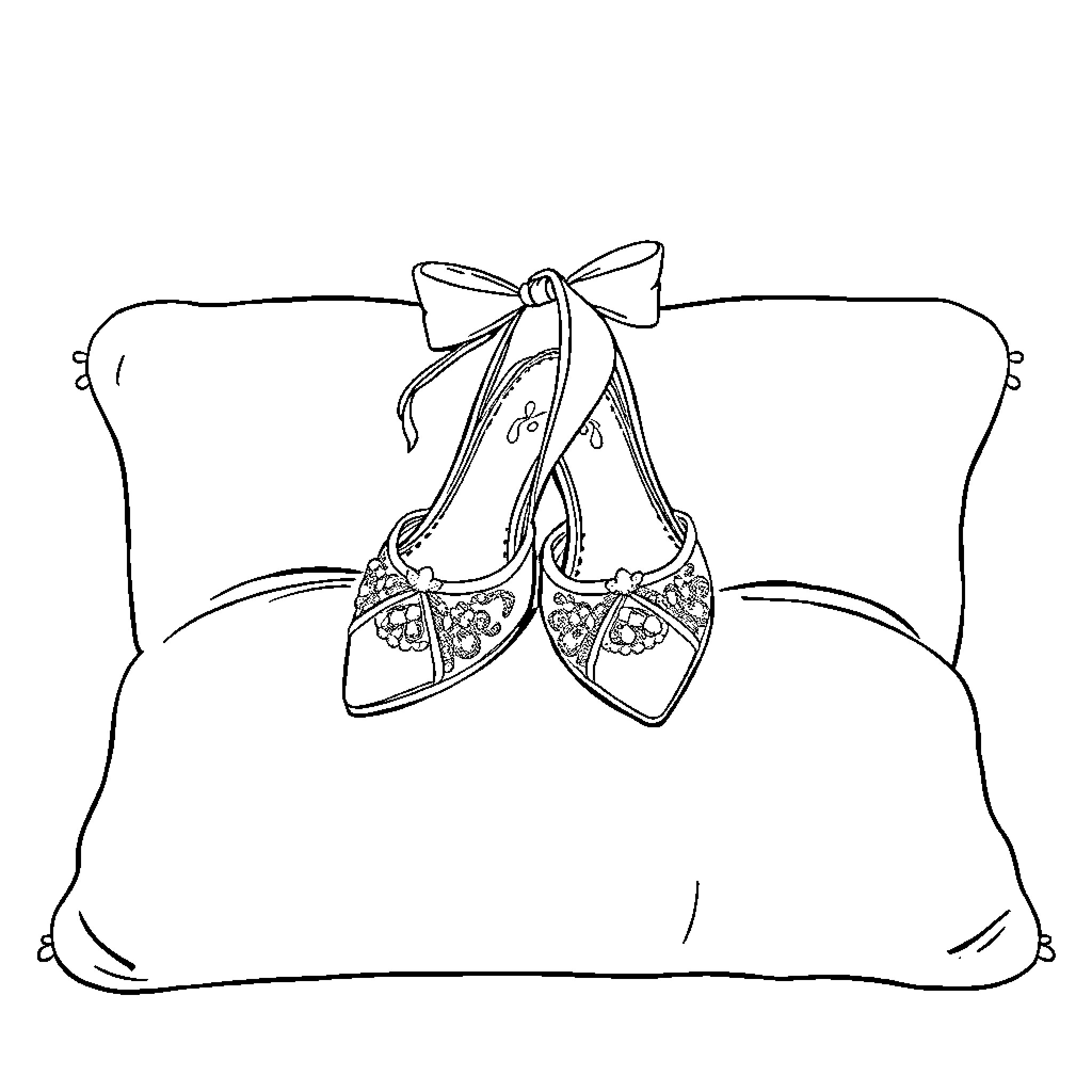 Cinderella's Enchanted Slippers on Plush Pillow Coloring Page (free black-and-white line drawing printable PDF for all, from beginners to advanced learners, including children, teens, adults, and seniors)