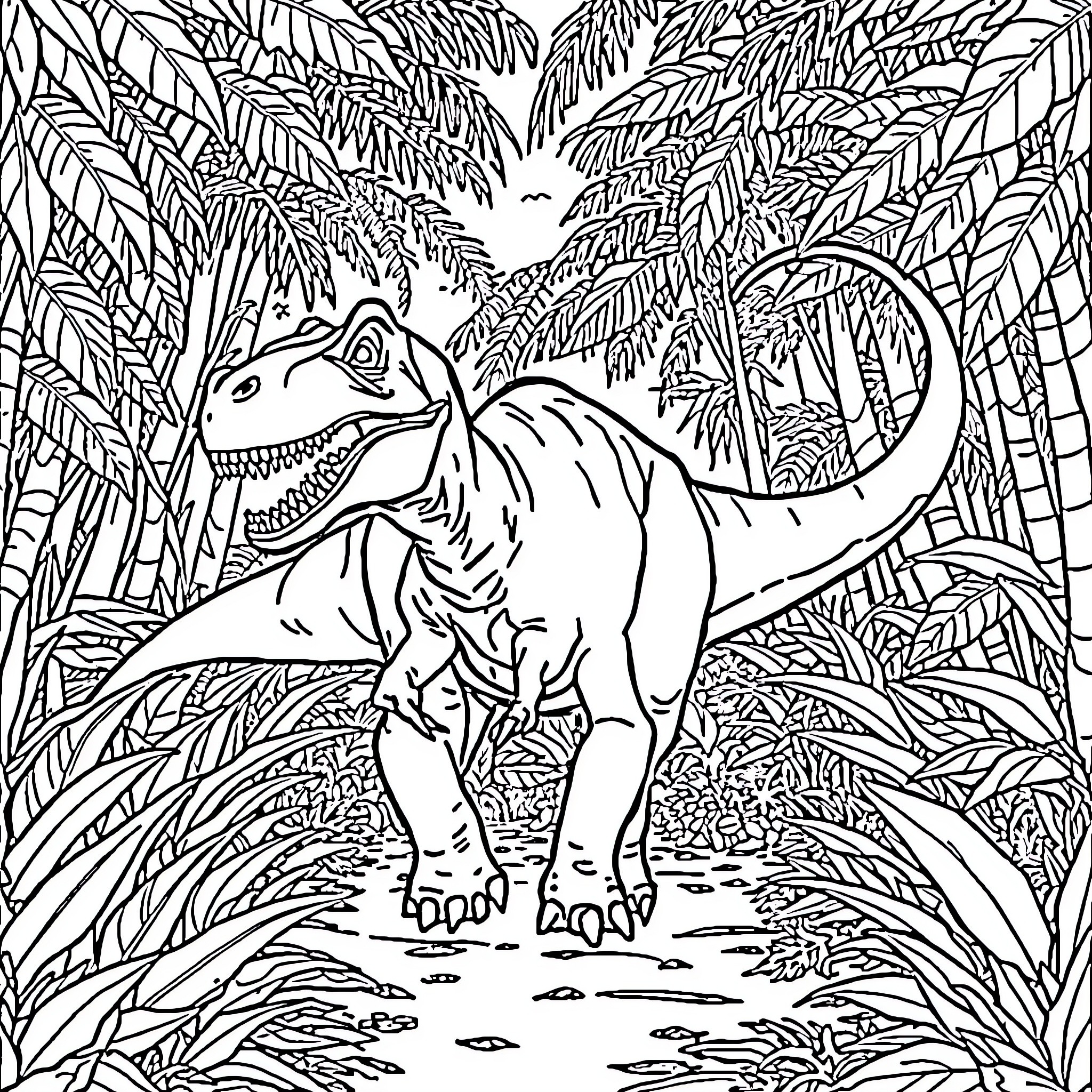 Dinosaur exploring lush tropical jungle landscape Coloring Page (free black-and-white line drawing printable PDF for all, from beginners to advanced learners, including children, teens, adults, and seniors)