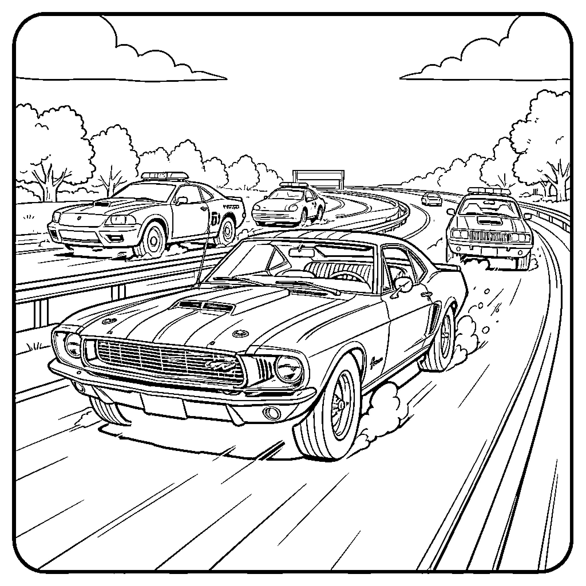 Shelby 67 racing fast through a winding road pursuit Coloring Page (free black-and-white line drawing printable PDF for all, from beginners to advanced learners, including children, teens, adults, and seniors)