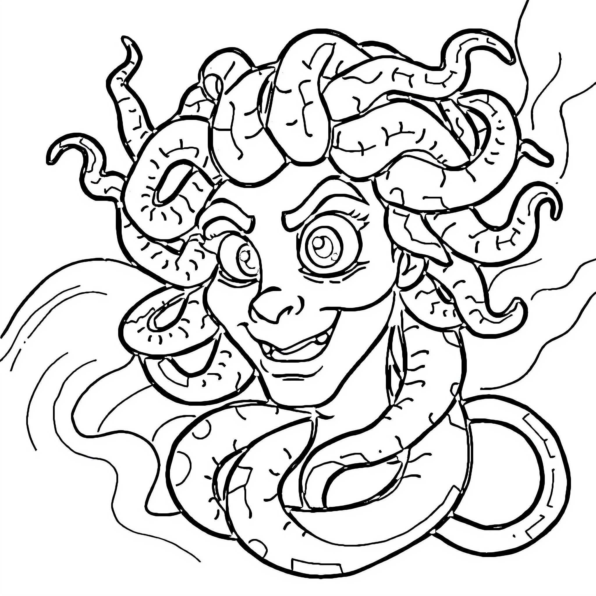 Medusa's Whimsical Embrace Coloring Page (free black-and-white line drawing printable PDF for all, from beginners to advanced learners, including children, teens, adults, and seniors)