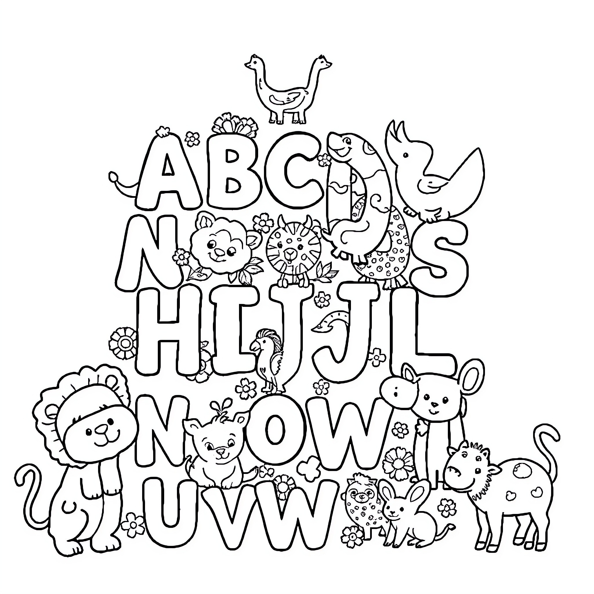 ABC Adorable Animals Doodles on White Coloring Page (free black-and-white line drawing printable PDF for all, from beginners to advanced learners, including children, teens, adults, and seniors)