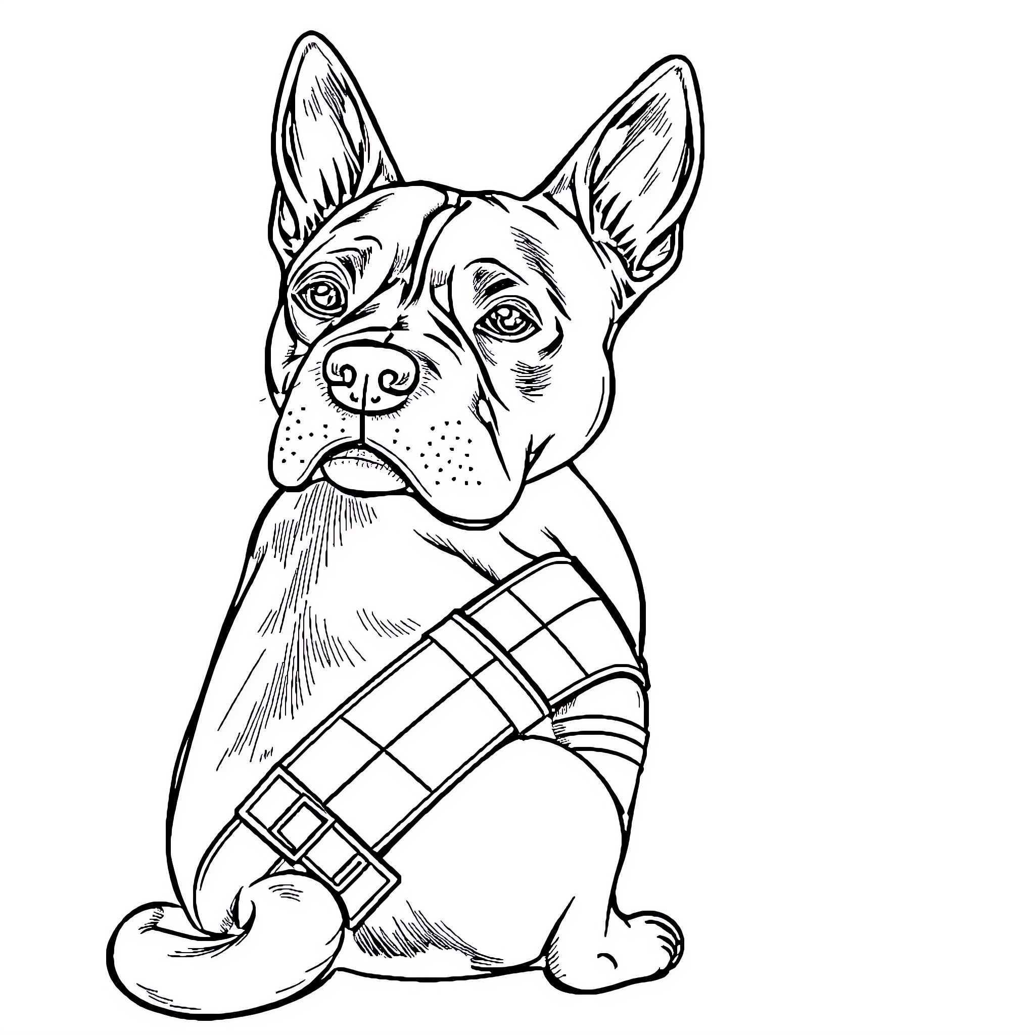 Staffy wearing plaid coat and looking alert Coloring Page (free black-and-white line drawing printable PDF for all, from beginners to advanced learners, including children, teens, adults, and seniors)